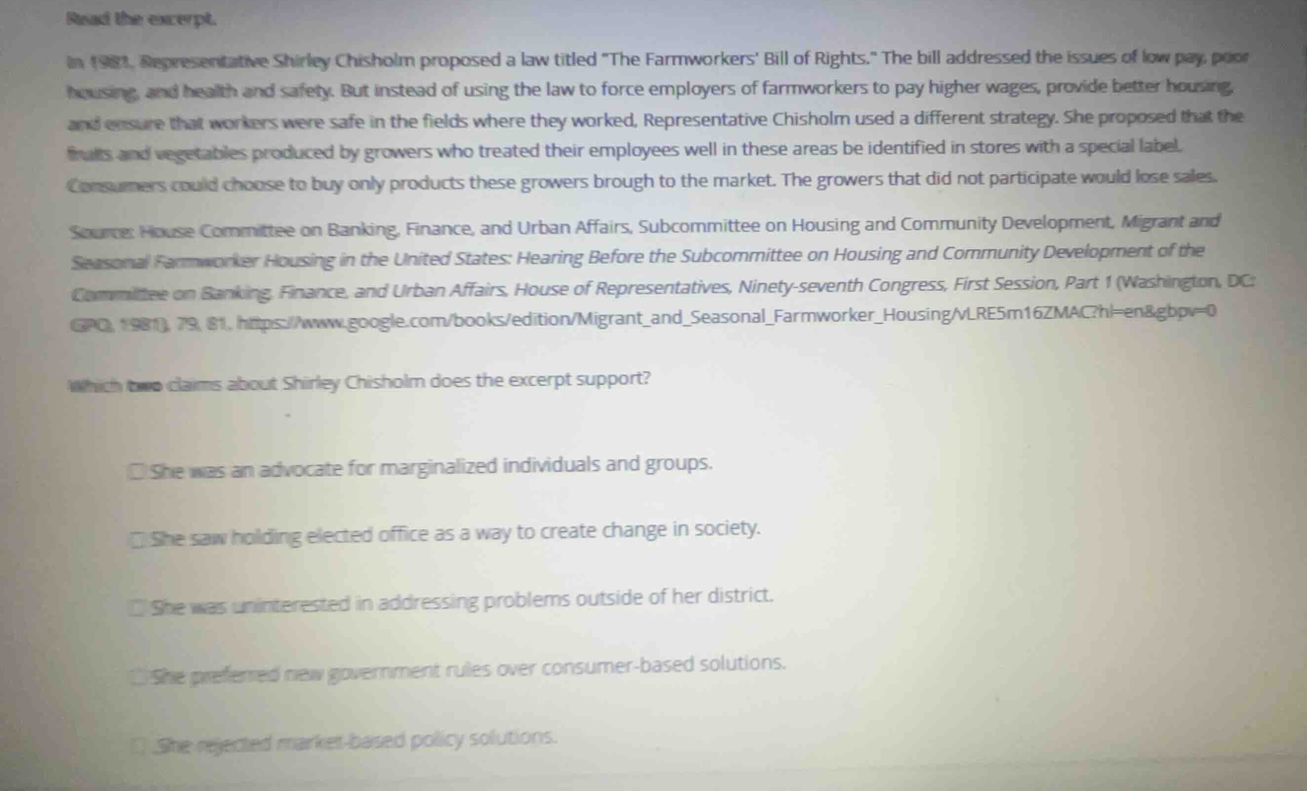 read the excerpt. in 1981, representative shirley chisholm proposed a l…