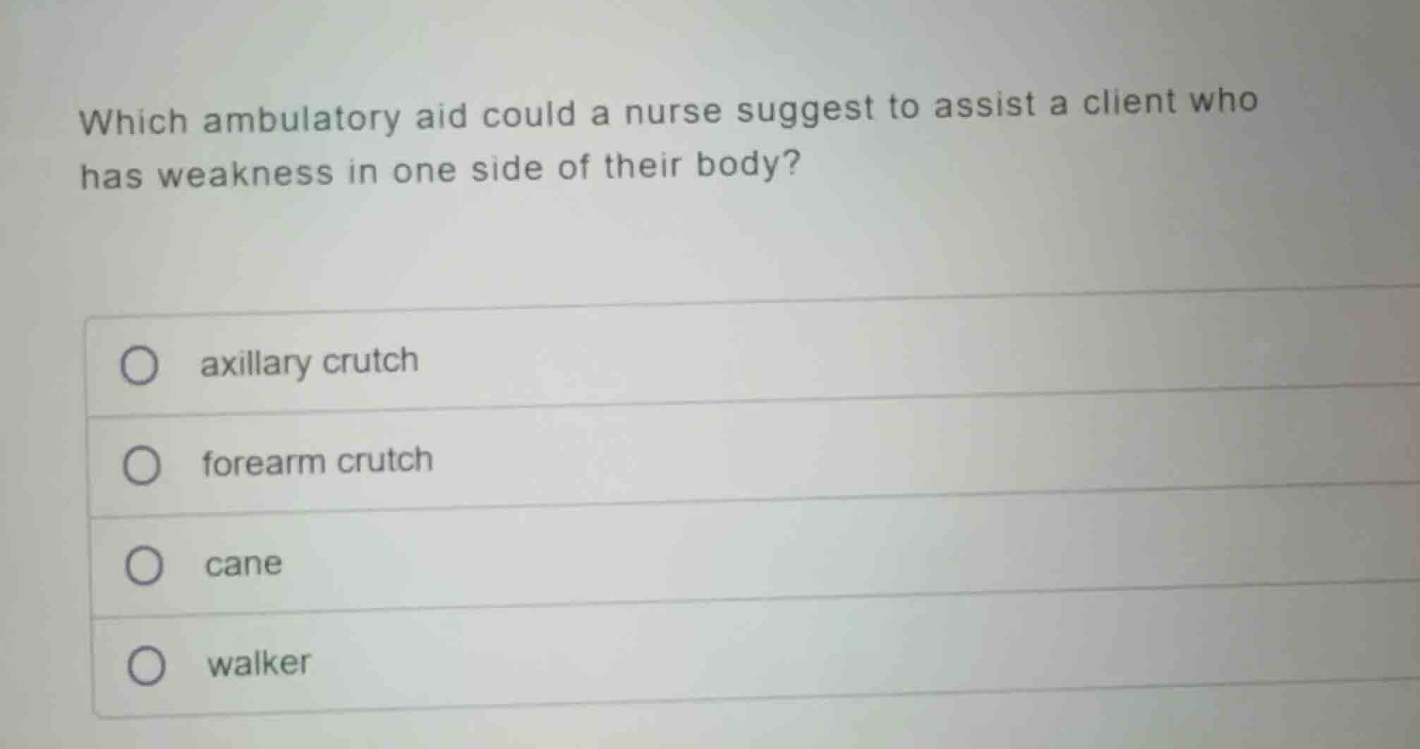 which ambulatory aid could a nurse suggest to assist a client who has w…
