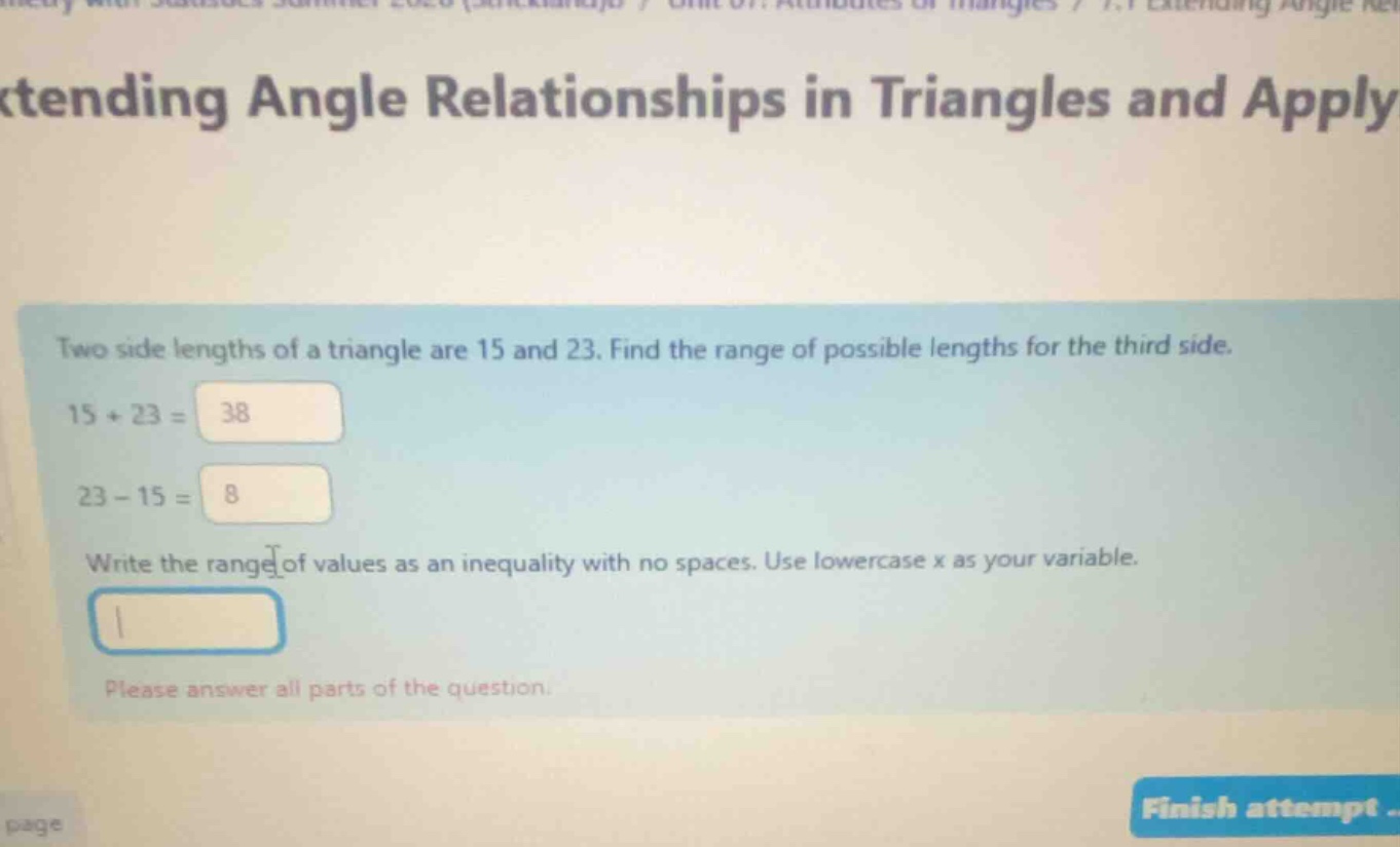 two side lengths of a triangle are 15 and 23. find the range of possibl…