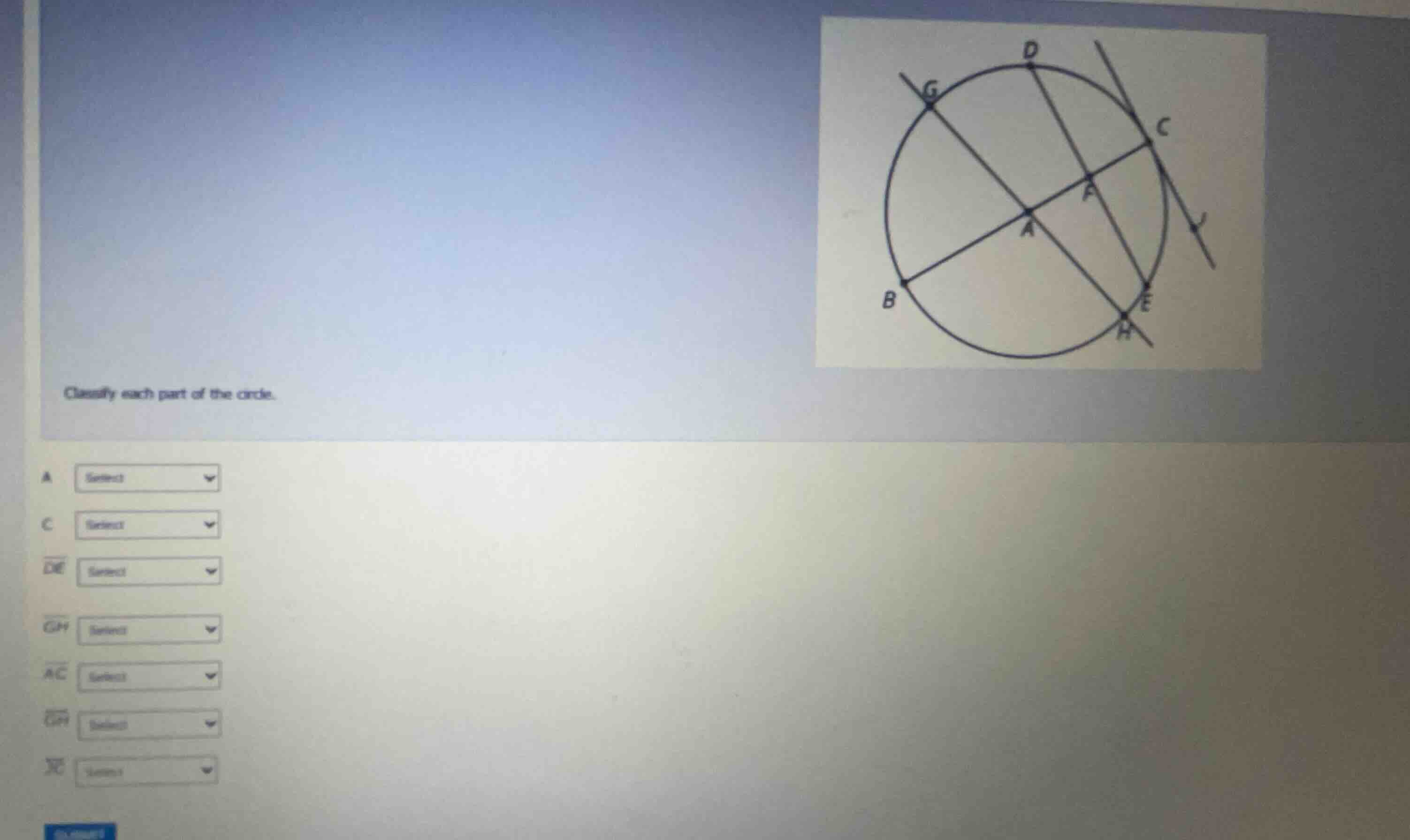 classify each part of the circle. a select c select \\overline{de} sele…