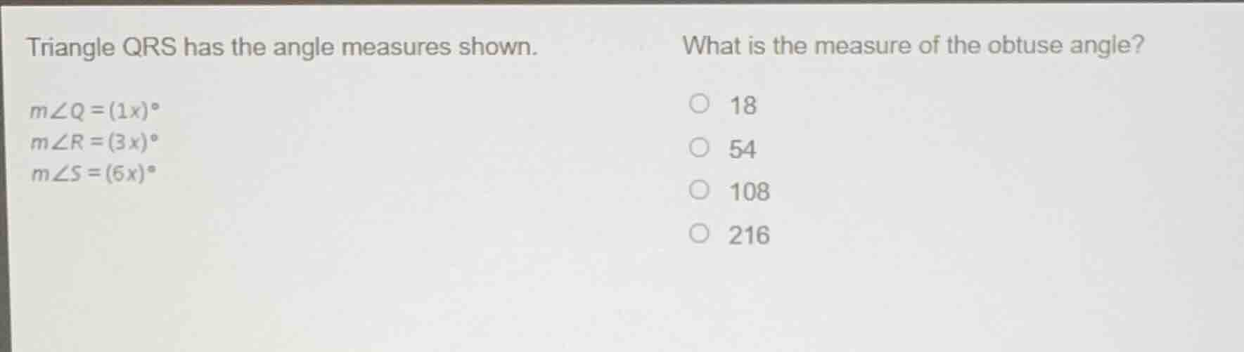 triangle qrs has the angle measures shown. \\(m\\angle q = (1x)^\\circ\…