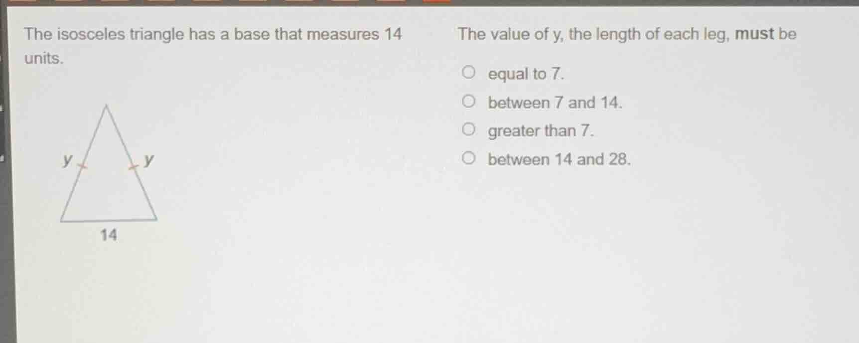the isosceles triangle has a base that measures 14 units. the value of …