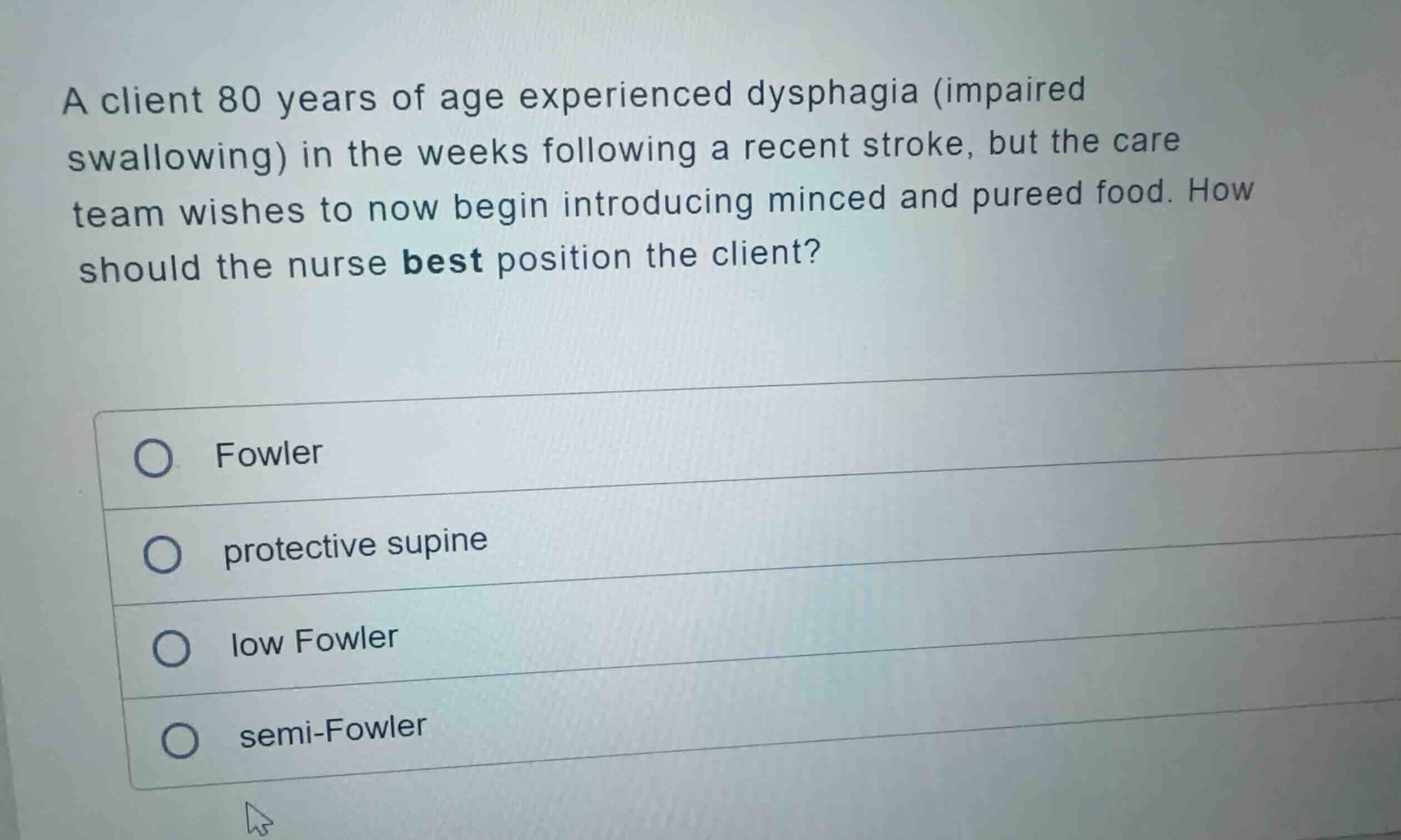 a client 80 years of age experienced dysphagia (impaired swallowing) in…