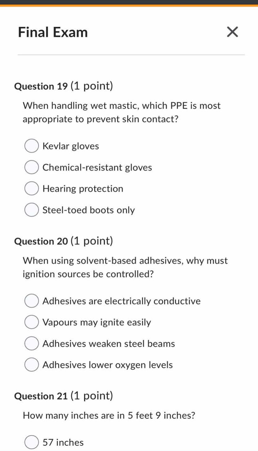 final exam question 19 (1 point) when handling wet mastic, which ppe is…