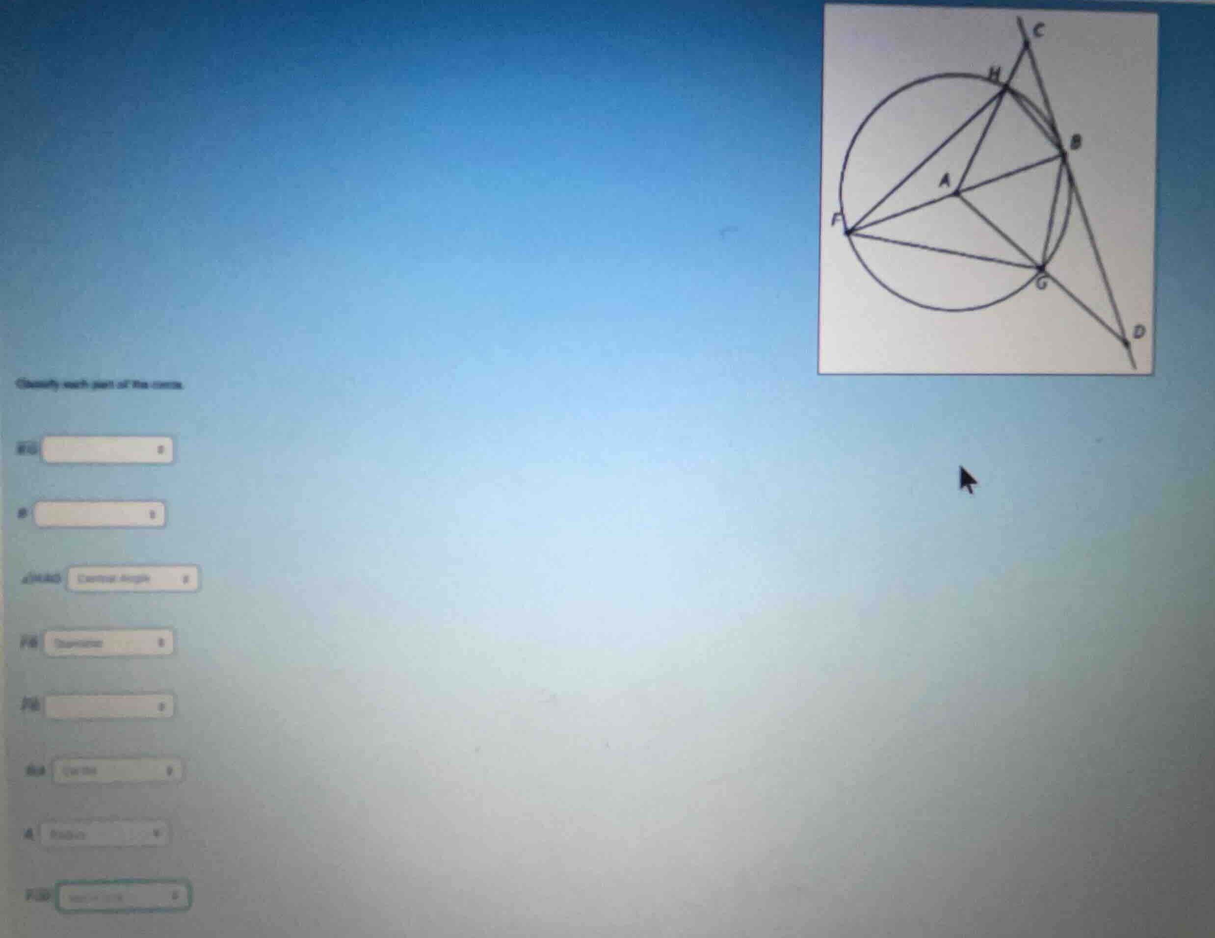 classify each part of the circle. \\(\\overline{fg}\\) \\(b\\) \\(\\ang…