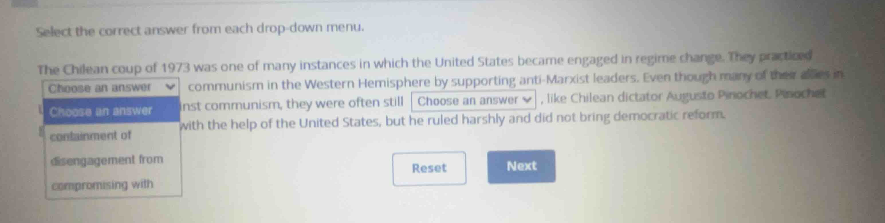 select the correct answer from each drop-down menu. the chilean coup of…