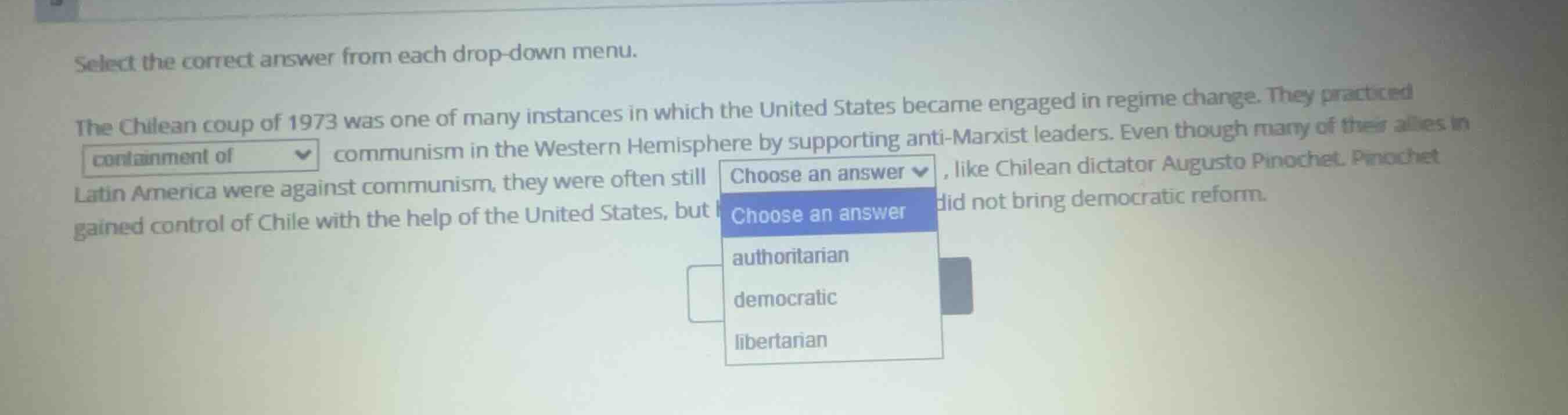 select the correct answer from each drop-down menu. the chilean coup of…