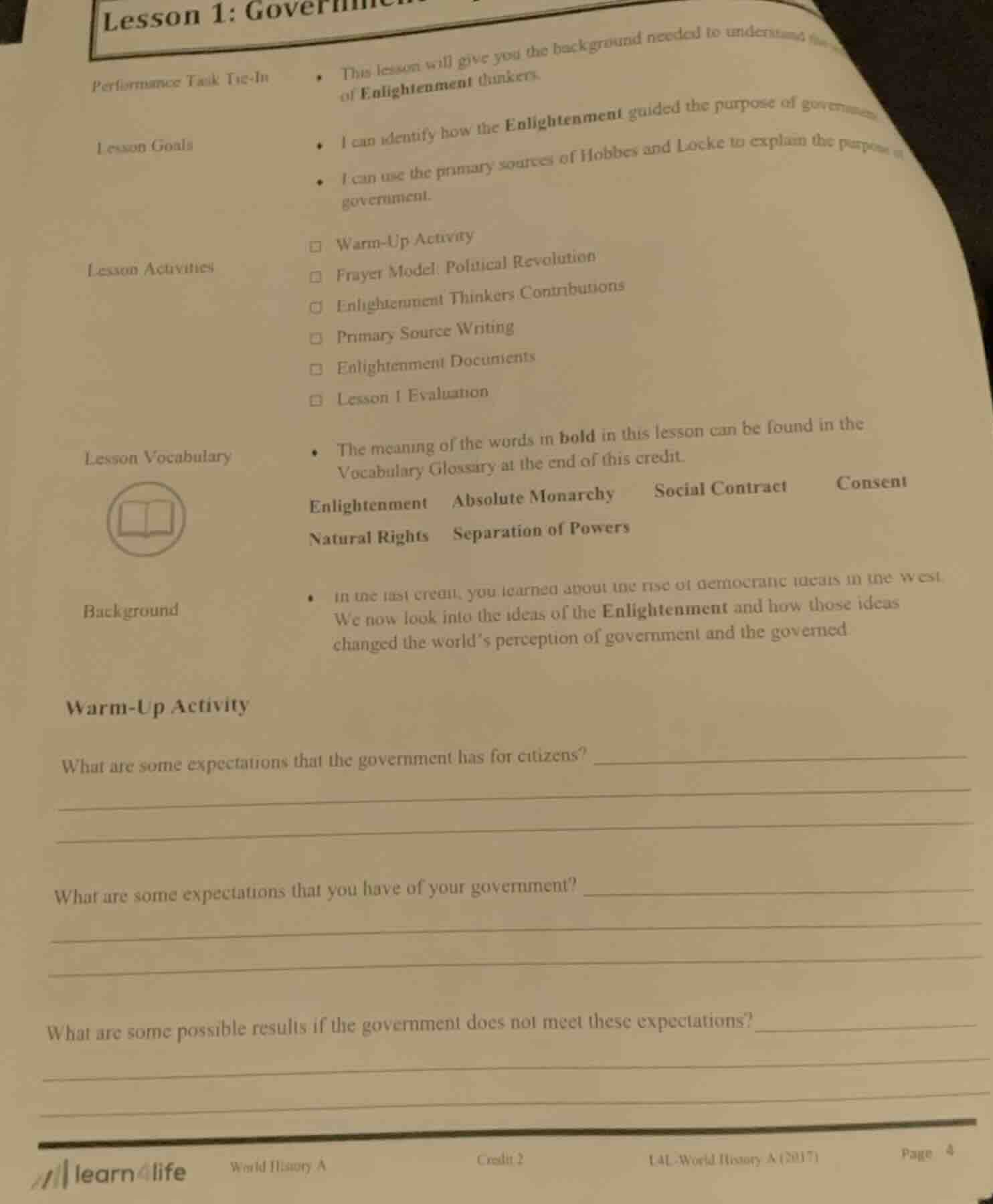warm-up activity what are some expectations that the government has for…