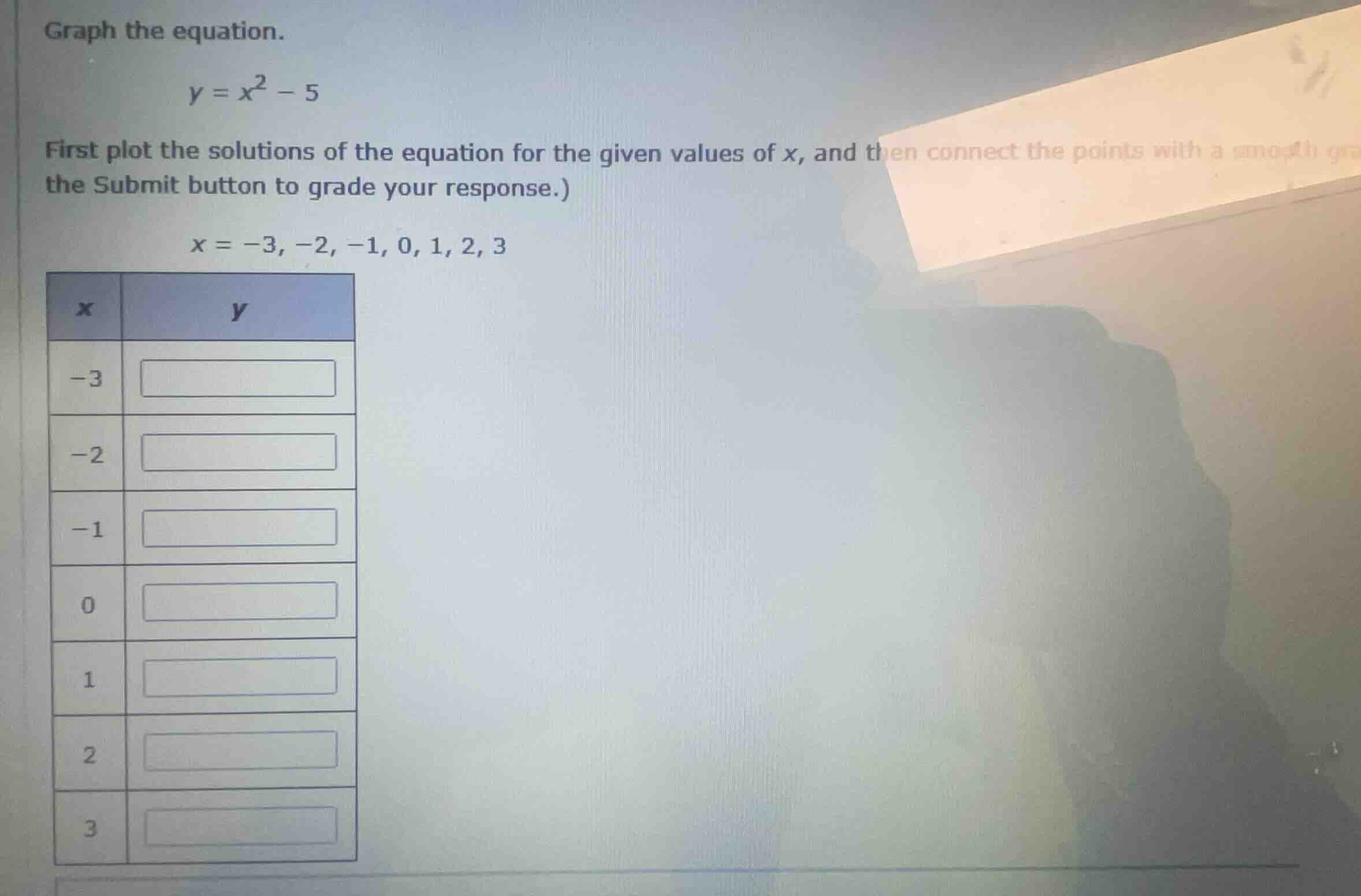 graph the equation. \\y = x^2 - 5\\ first plot the solutions of the equ…