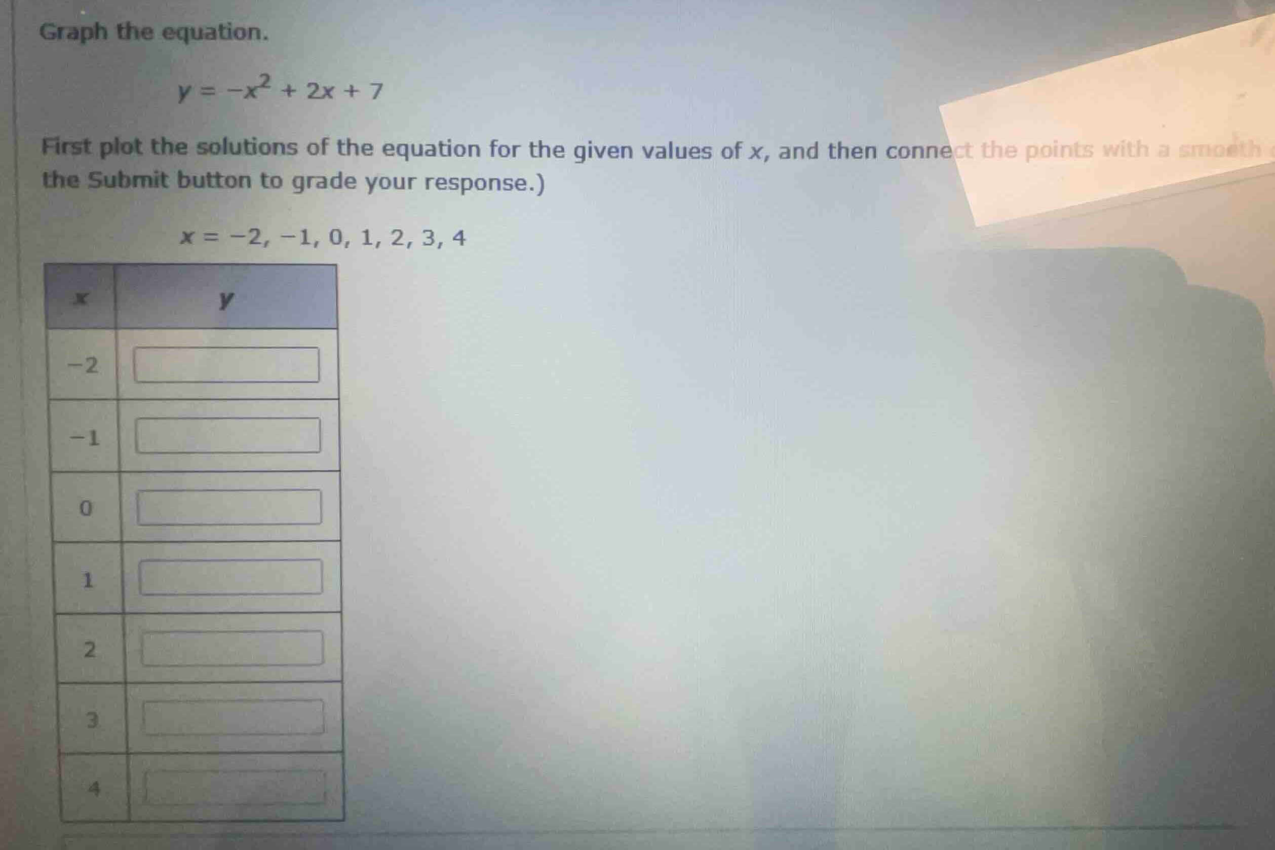 graph the equation. \\y = -x^2 + 2x + 7\\ first plot the solutions of t…