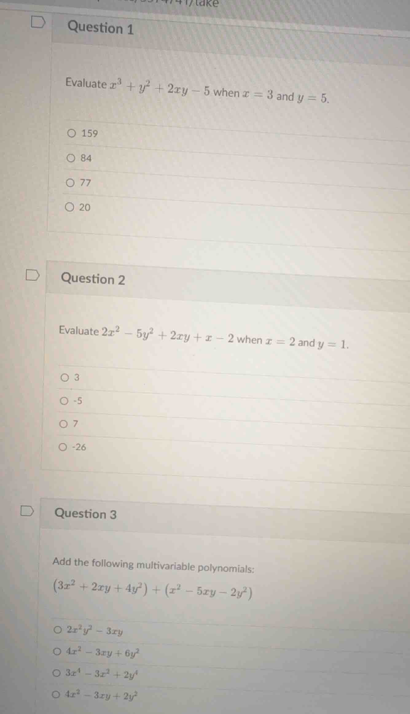 question 1 evaluate \\(x^3 + y^2 + 2xy - 5\\) when \\(x = 3\\) and \\(y…
