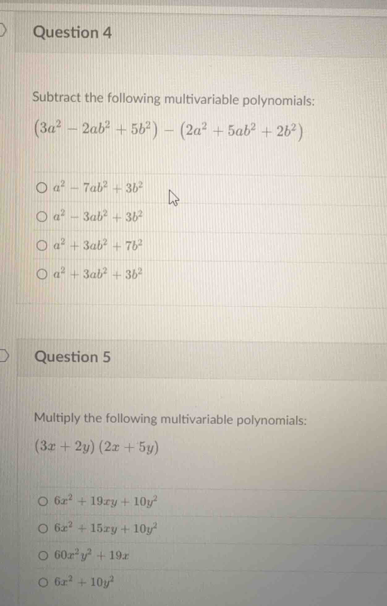 question 4 subtract the following multivariable polynomials: \\((3a^2 -…