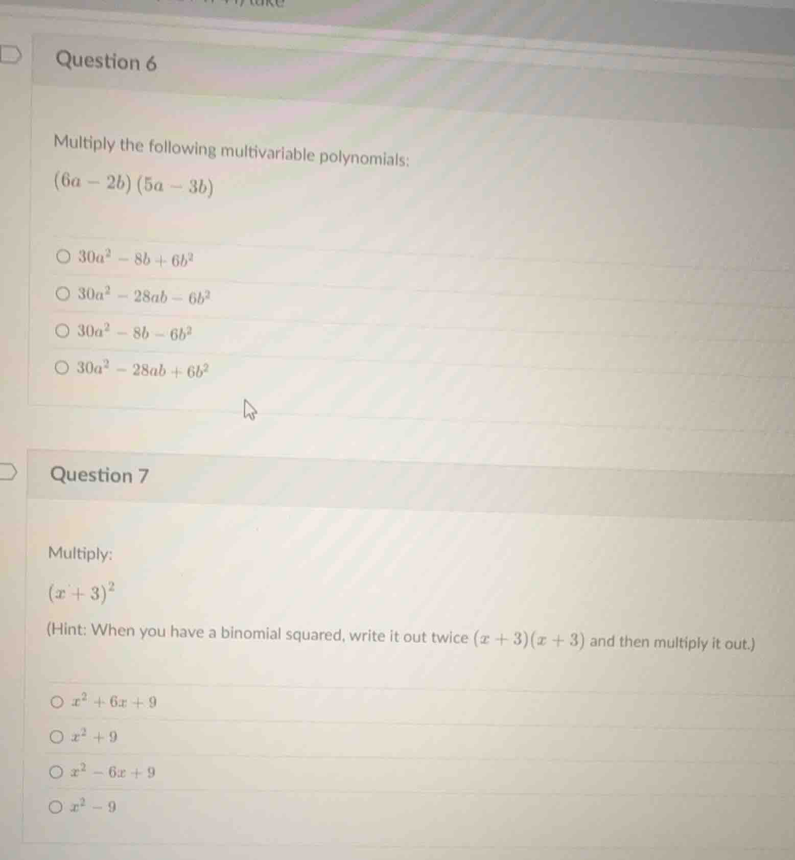 question 6 multiply the following multivariable polynomials: \\((6a - 2…