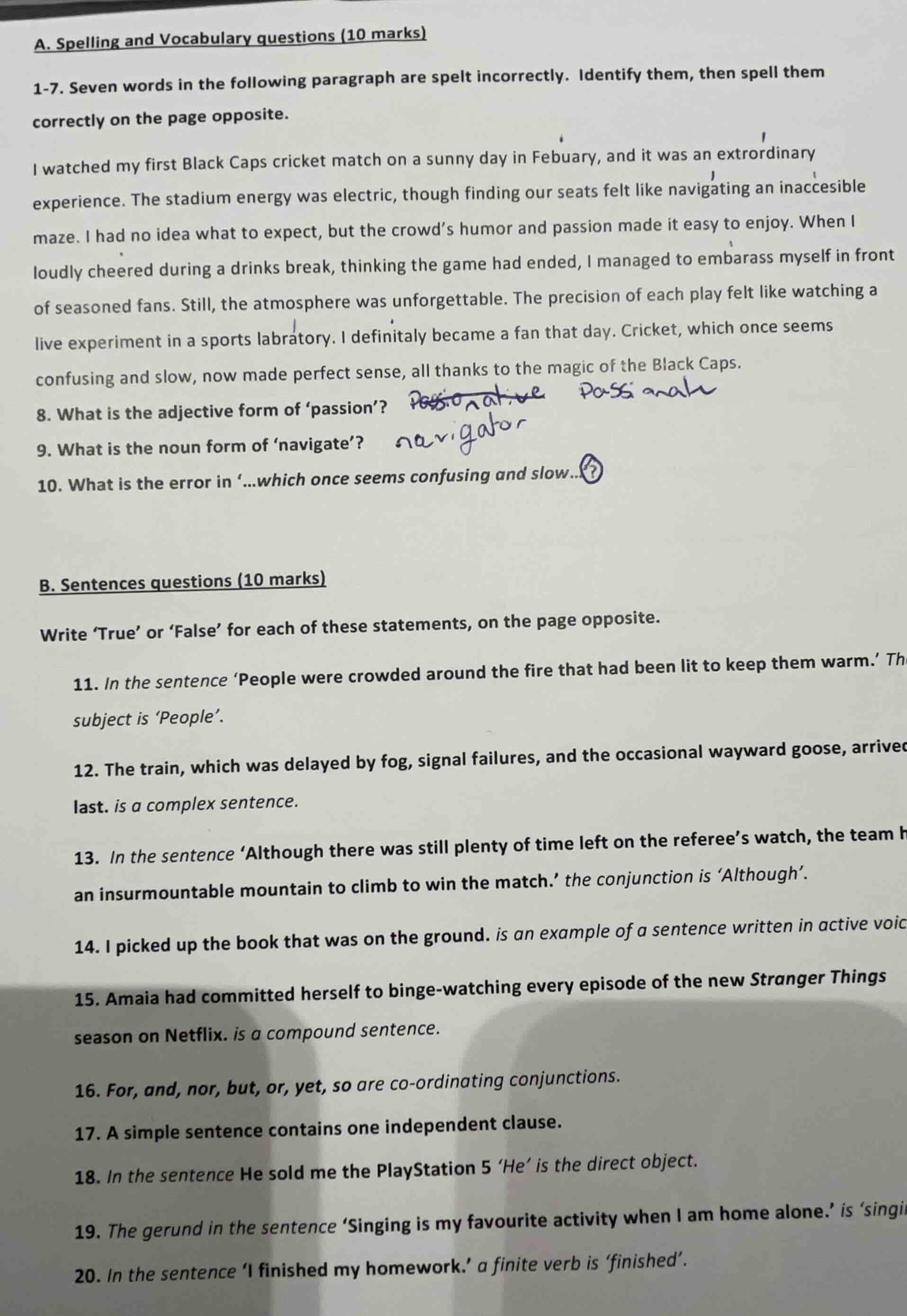a. spelling and vocabulary questions (10 marks) 1-7. seven words in the…