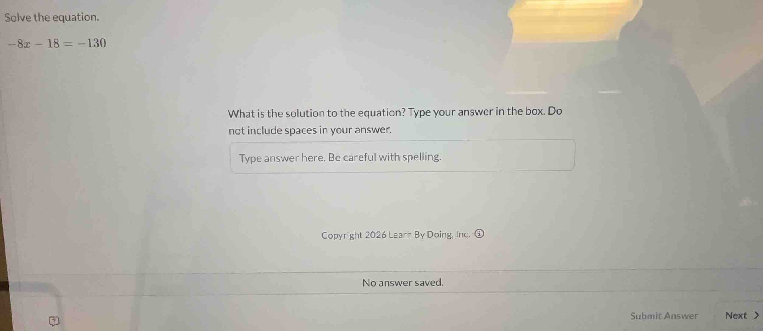 solve the equation. \\(-8x - 18 = -130\\) what is the solution to the e…
