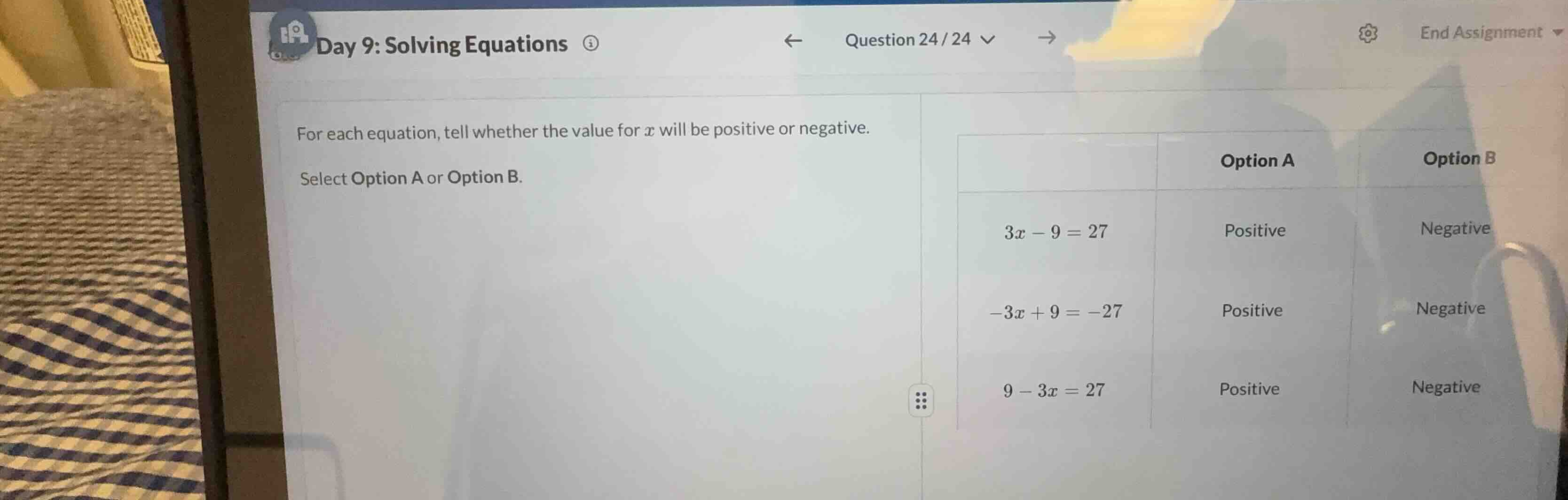 for each equation, tell whether the value for \\(x\\) will be positive …