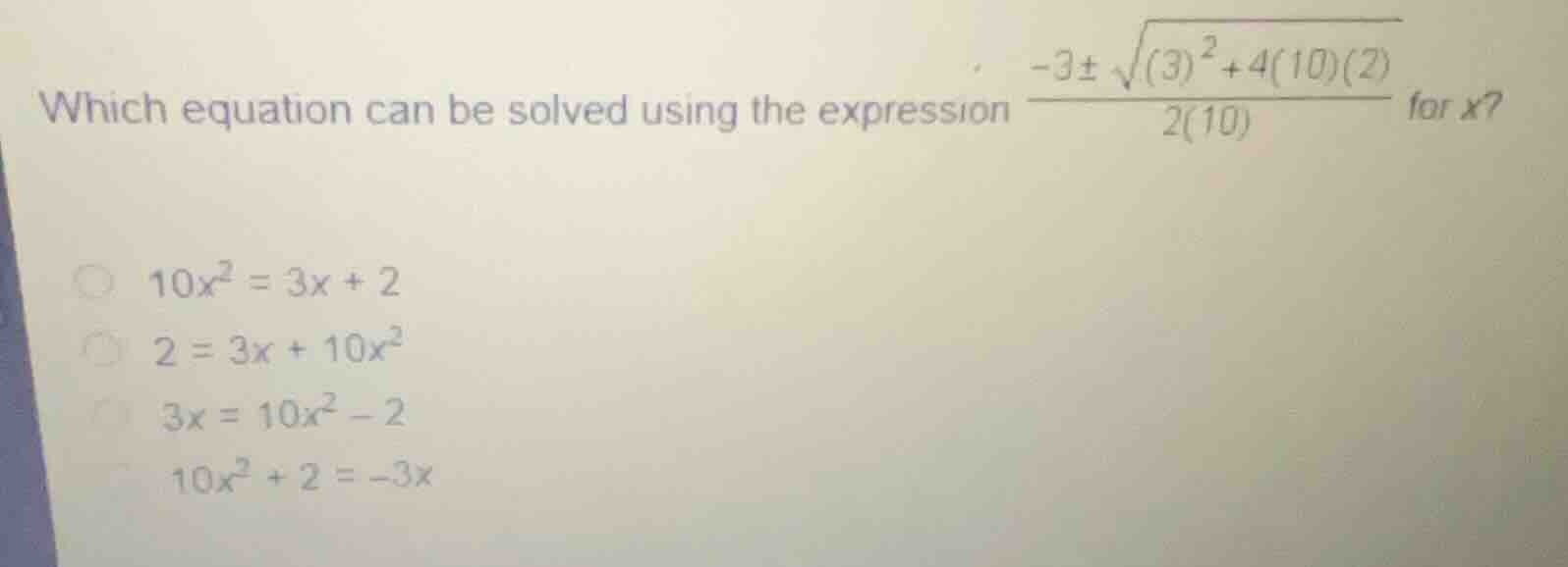 which equation can be solved using the expression \\frac{-3 \\pm \\sqrt…