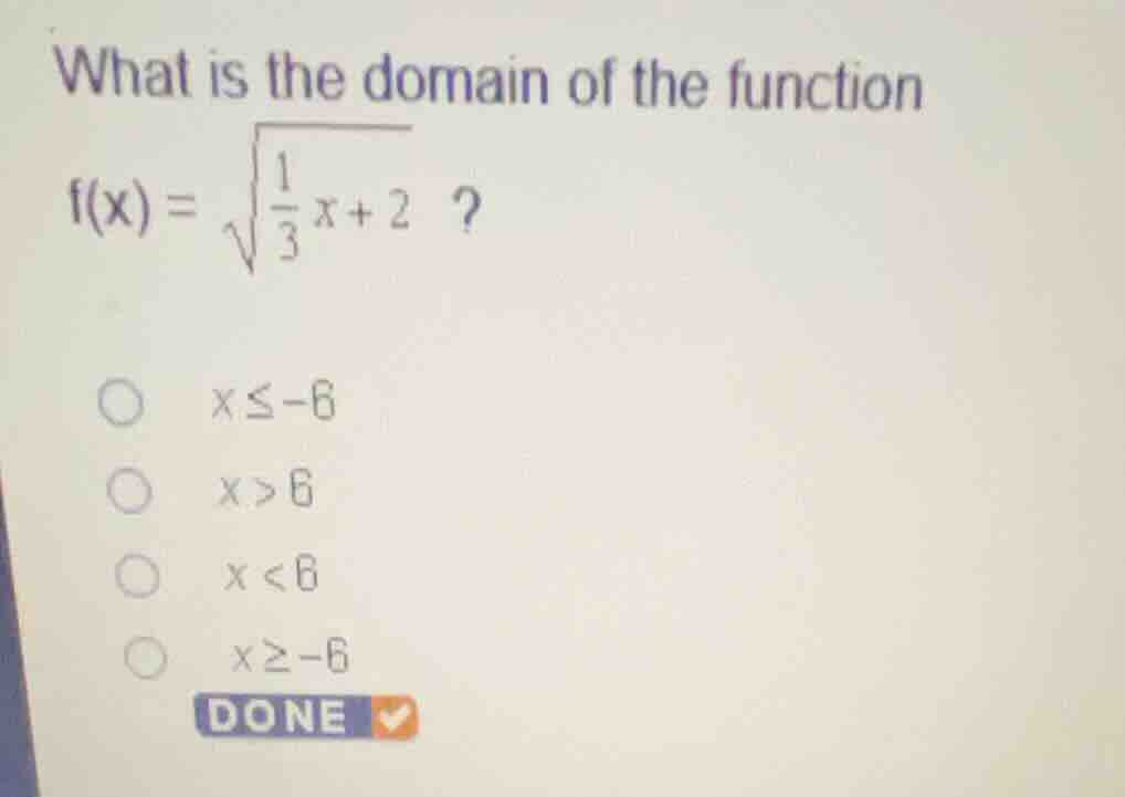what is the domain of the function (f(x) = \\sqrt{\\frac{1}{3}x + 2})? …