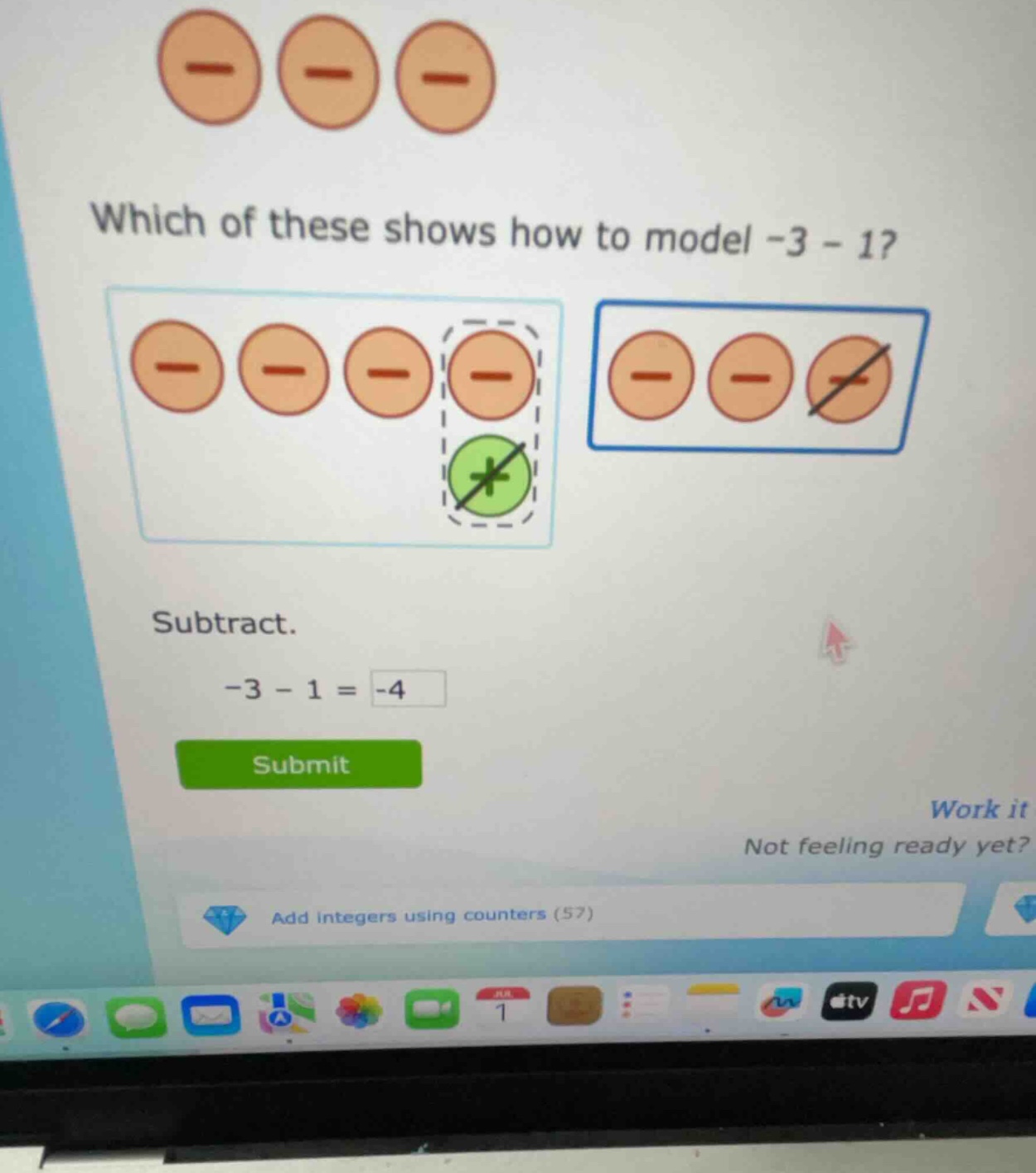 which of these shows how to model \\(-3 - 1\\)? subtract. \\(-3 - 1 = \…