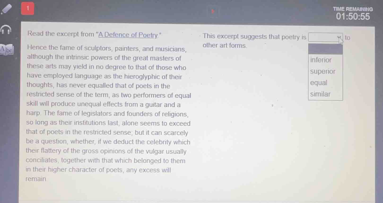 read the excerpt from \a defence of poetry.\ hence the fame of sculptor…