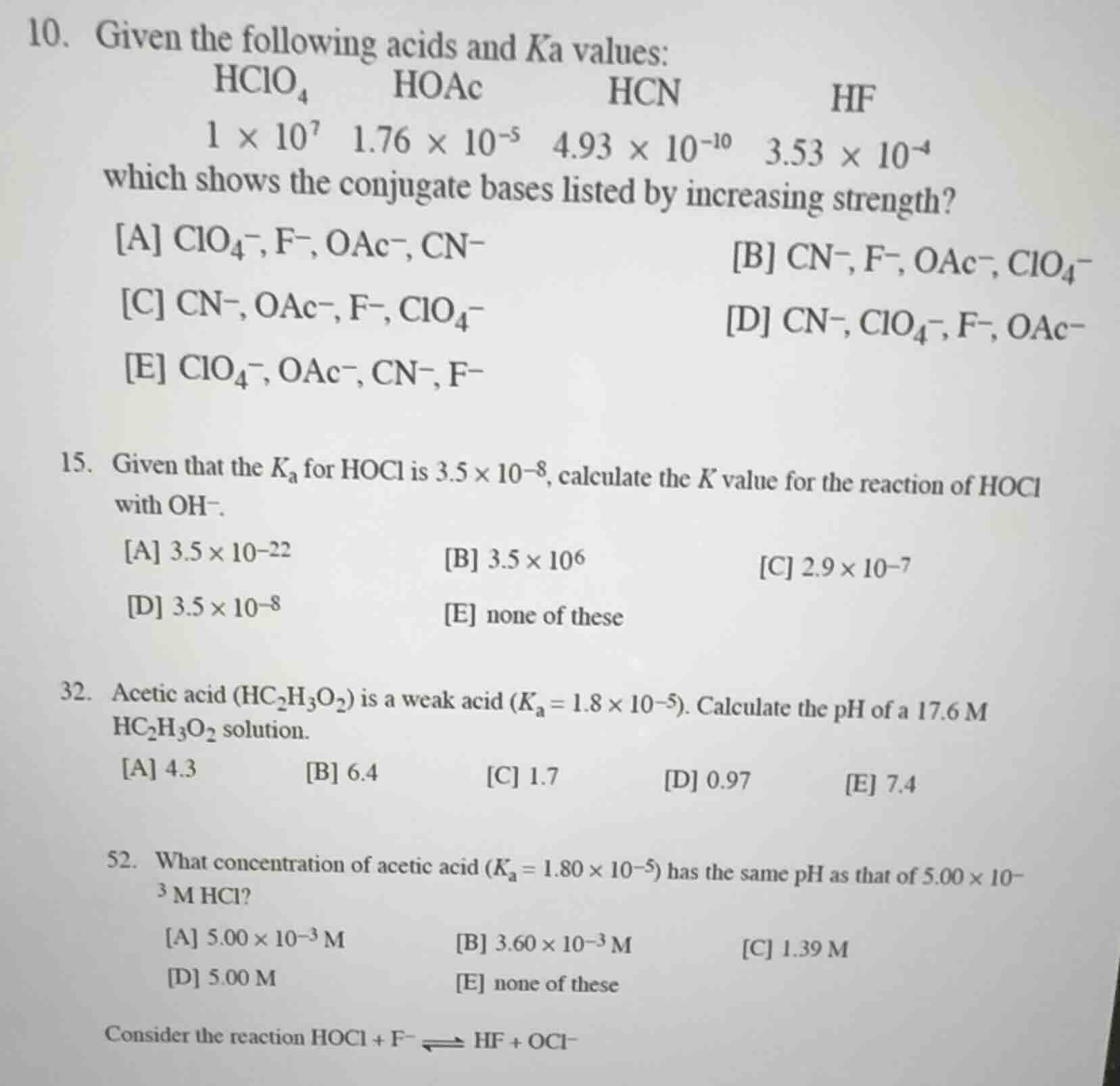 10. given the following acids and \\(k_a\\) values: \\(\\text{hclo}_4\\…
