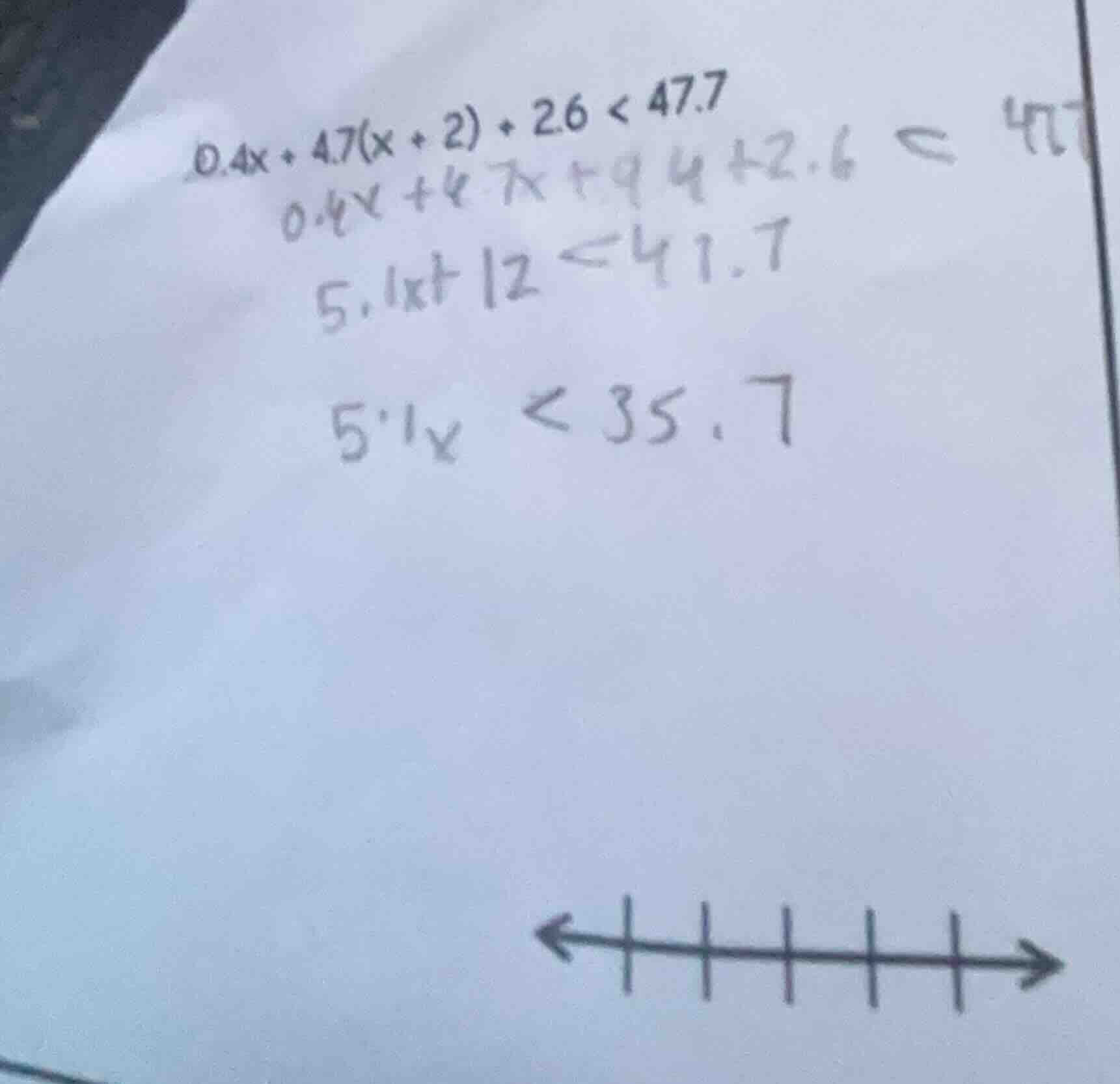 \\0.4x + 4.7(x + 2) + 2.6 < 47.7\\ \\0.4x + 4.7x + 9.4 + 2.6 < 47.7\\ \…