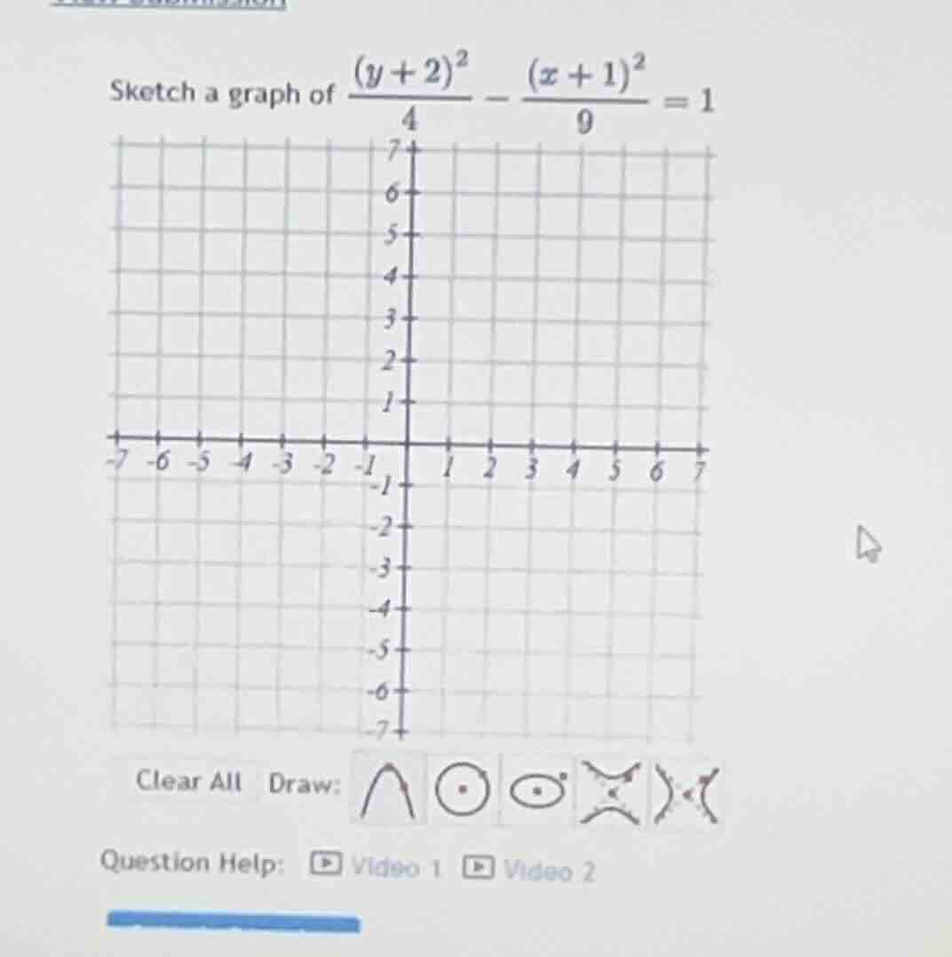 sketch a graph of \\frac{(y + 2)^2}{4} - \\frac{(x + 1)^2}{9} = 1