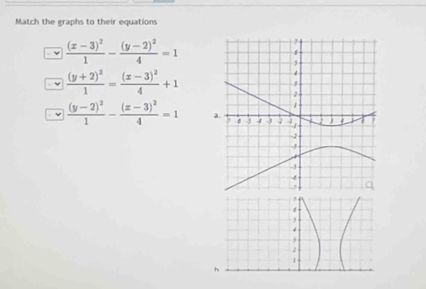 match the graphs to their equations \\frac{(x-3)^2}{1} - \\frac{(y-2)^2…