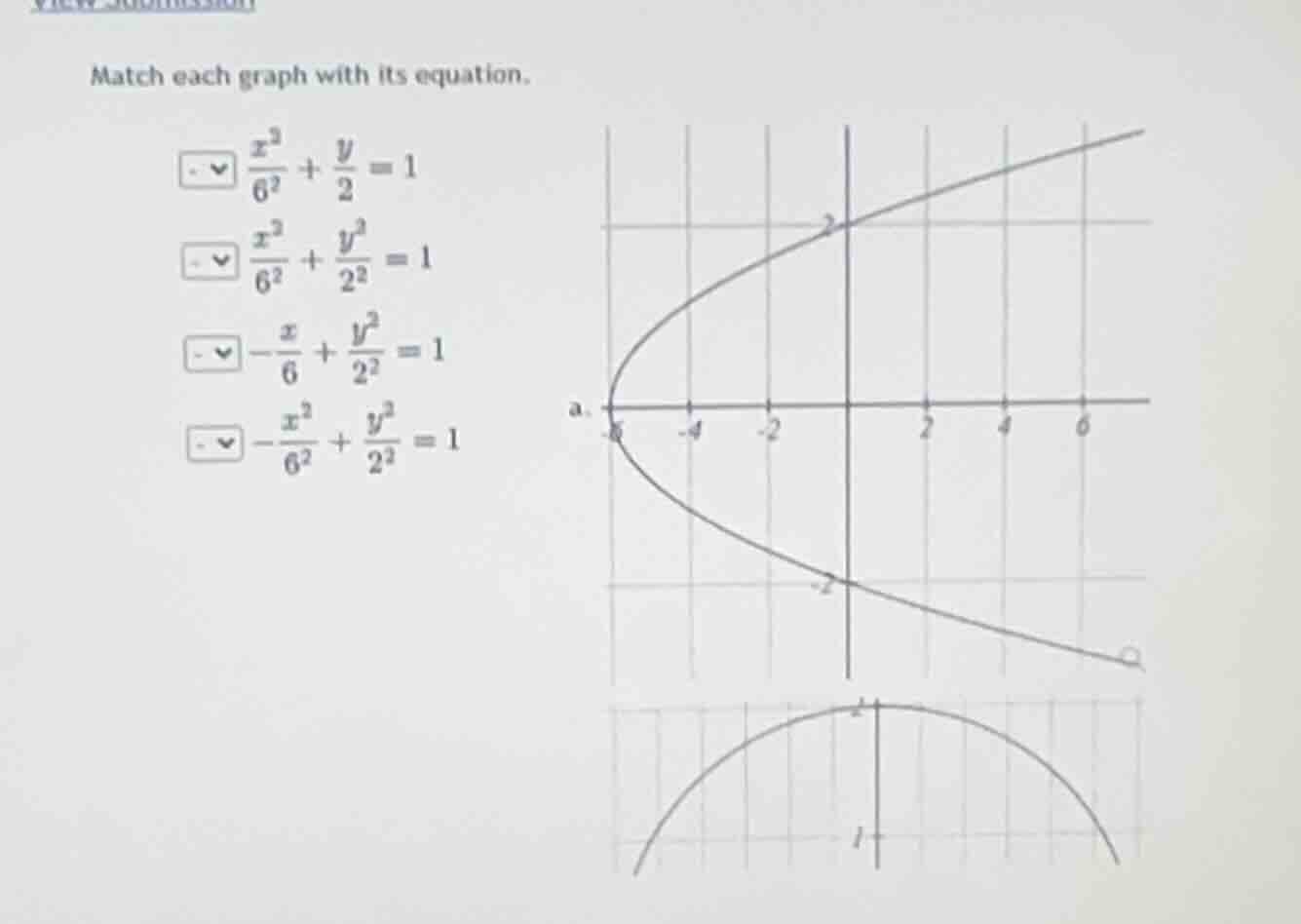 match each graph with its equation. \\ \\frac{x^2}{6^2} + \\frac{y}{2} …