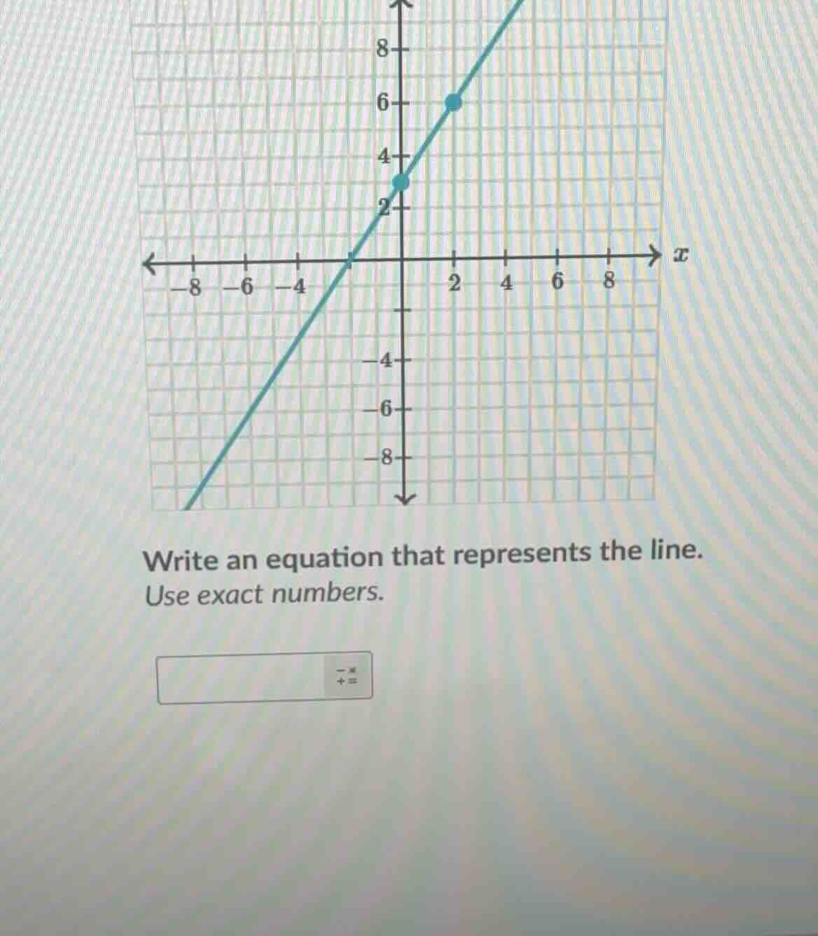 write an equation that represents the line. use exact numbers.