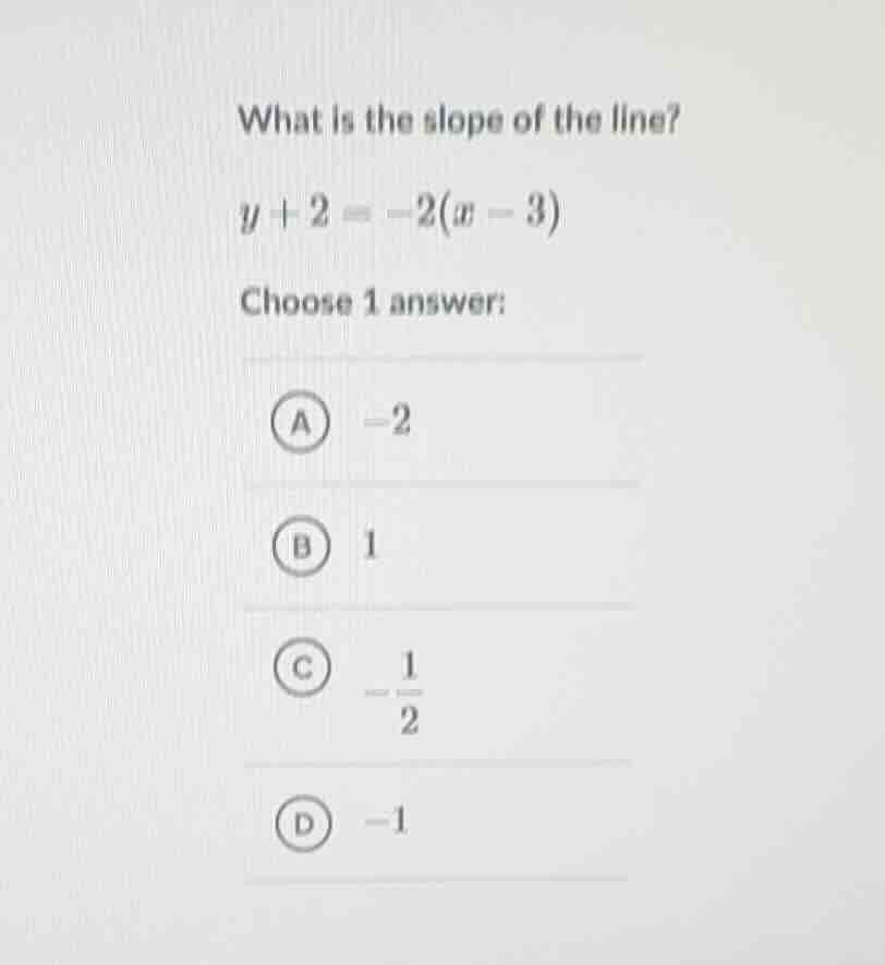 what is the slope of the line? (y + 2 = -2(x - 3)) choose 1 answer: a (…