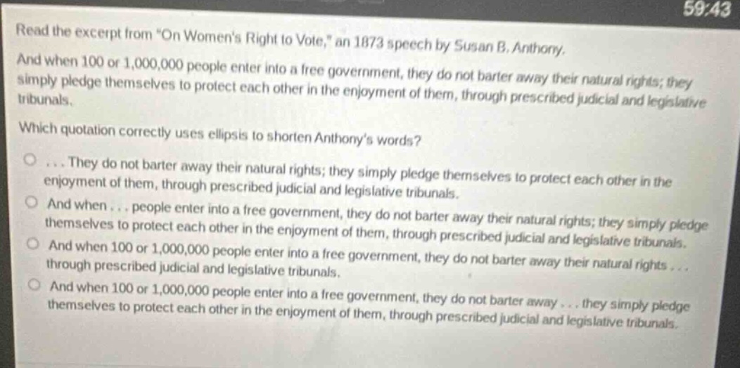 read the excerpt from \on womens right to vote,\ an 1873 speech by susa…