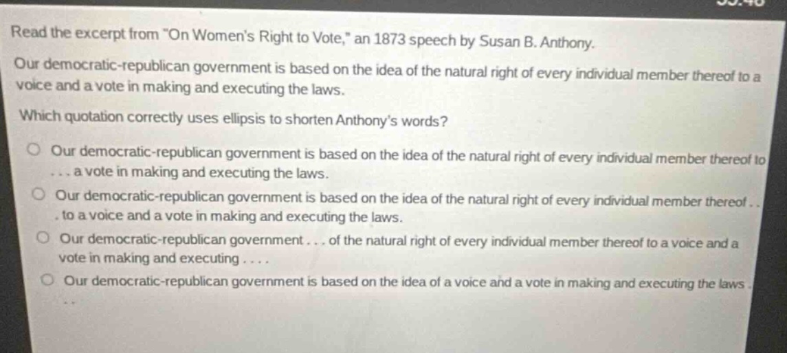 read the excerpt from \on womens right to vote,\ an 1873 speech by susa…