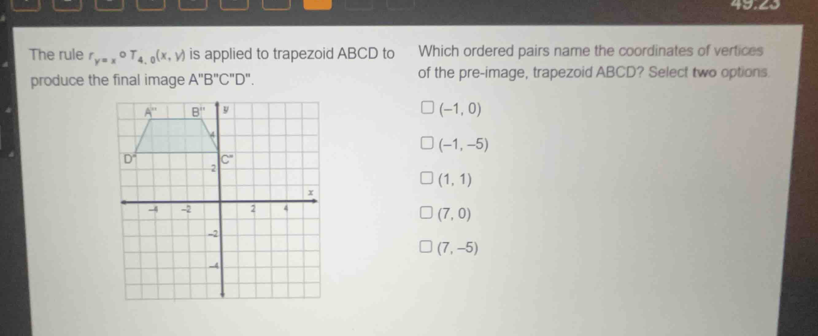 the rule \\(r_{y=x} \\circ t_{4, 0}(x, y)\\) is applied to trapezoid ab…