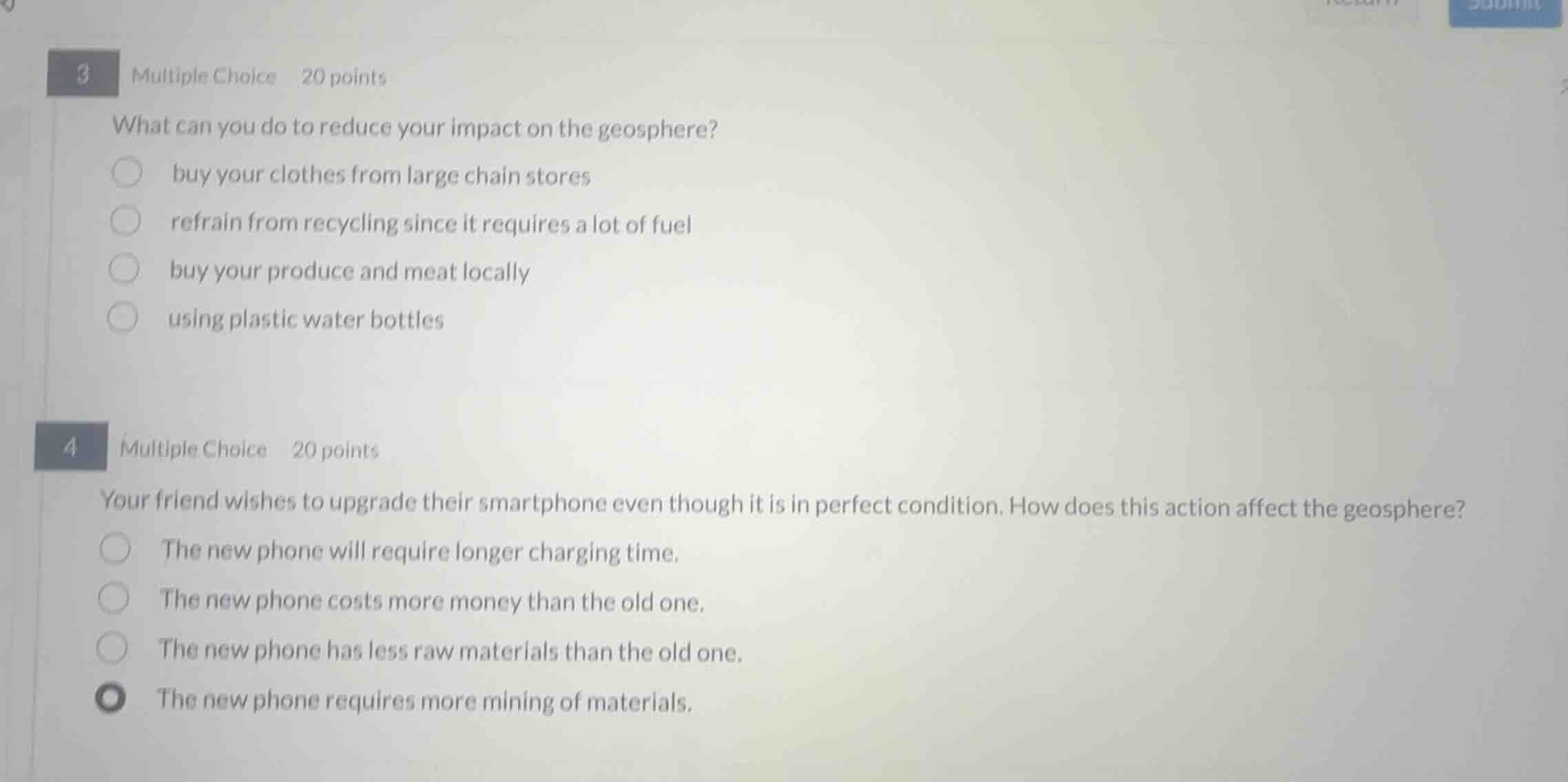 3 multiple choice 20 points what can you do to reduce your impact on th…