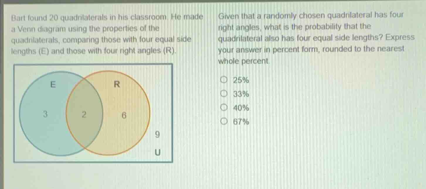bart found 20 quadrilaterals in his classroom. he made a venn diagram u…