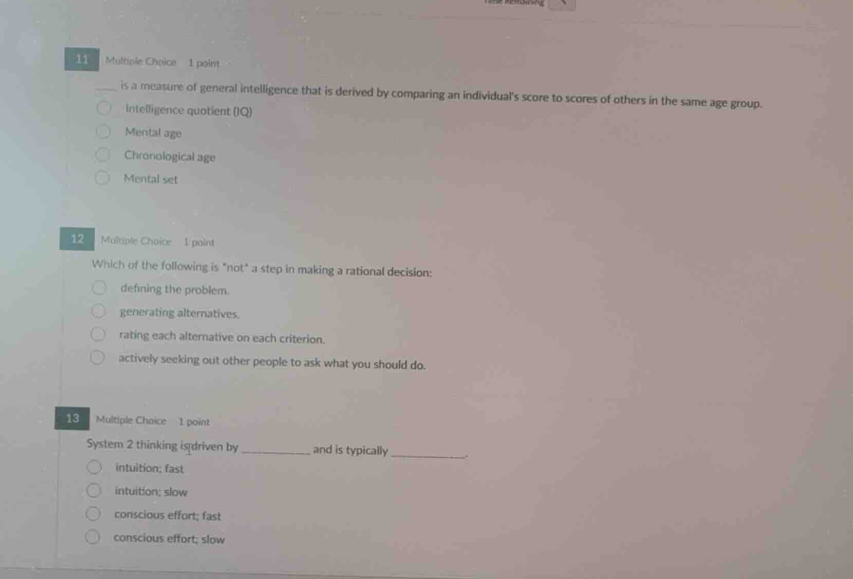 11 multiple choice 1 point ___ is a measure of general intelligence tha…