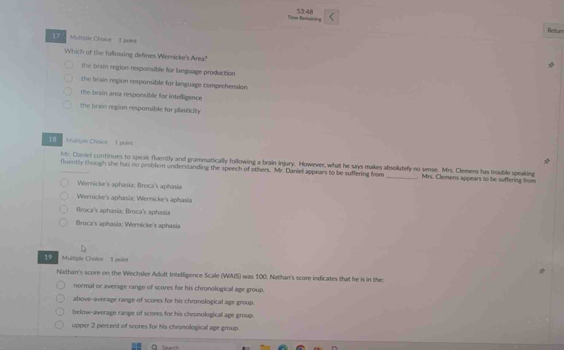 17 multiple choice 1 point which of the following defines wernickes are…