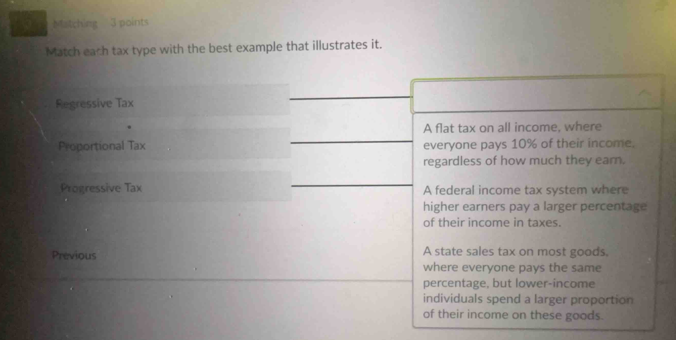 match each tax type with the best example that illustrates it. regressi…