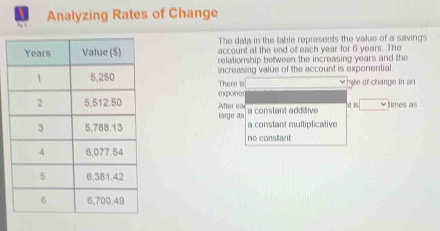 analyzing rates of change \\begin{array}{|c|c|} \\hline \\text{years} &…
