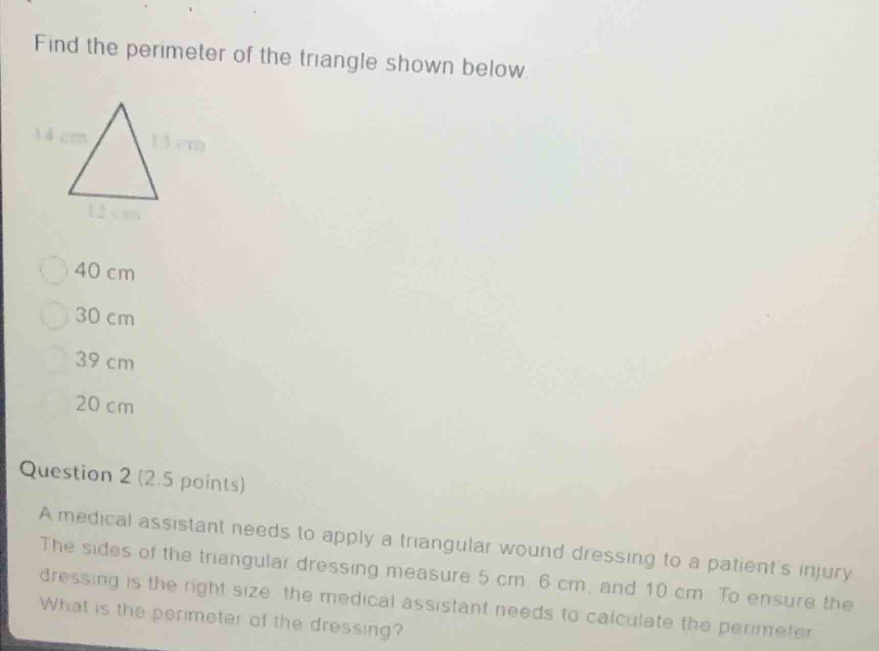 find the perimeter of the triangle shown below. image of a triangle wit…