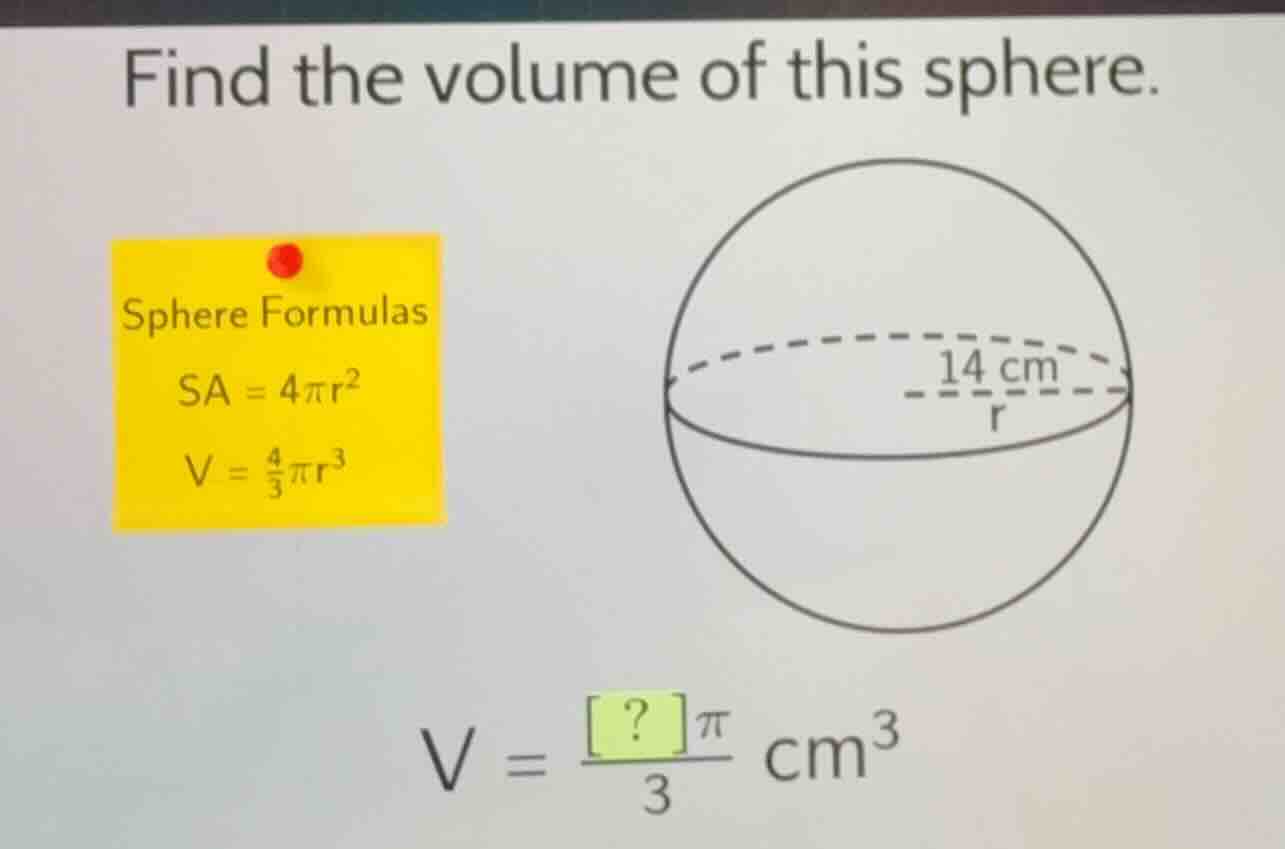 find the volume of this sphere. sphere formulas \\(sa = 4\\pi r^2\\) \\…