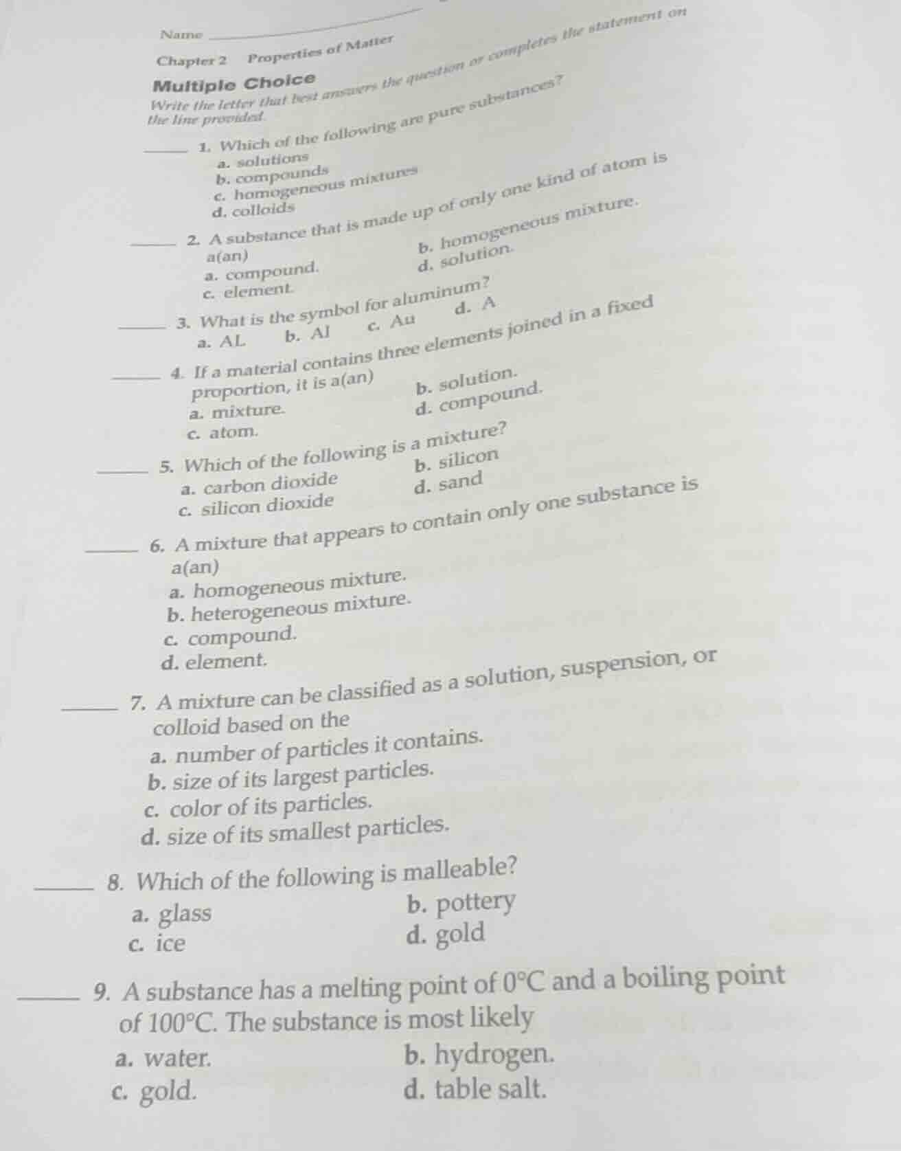 chapter 2 properties of matter multiple choice write the letter that be…
