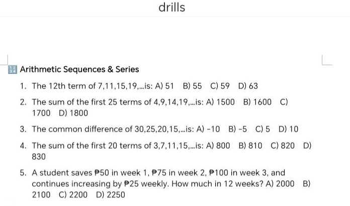 drills arithmetic sequences & series 1. the 12th term of \\(7,11,15,19,…