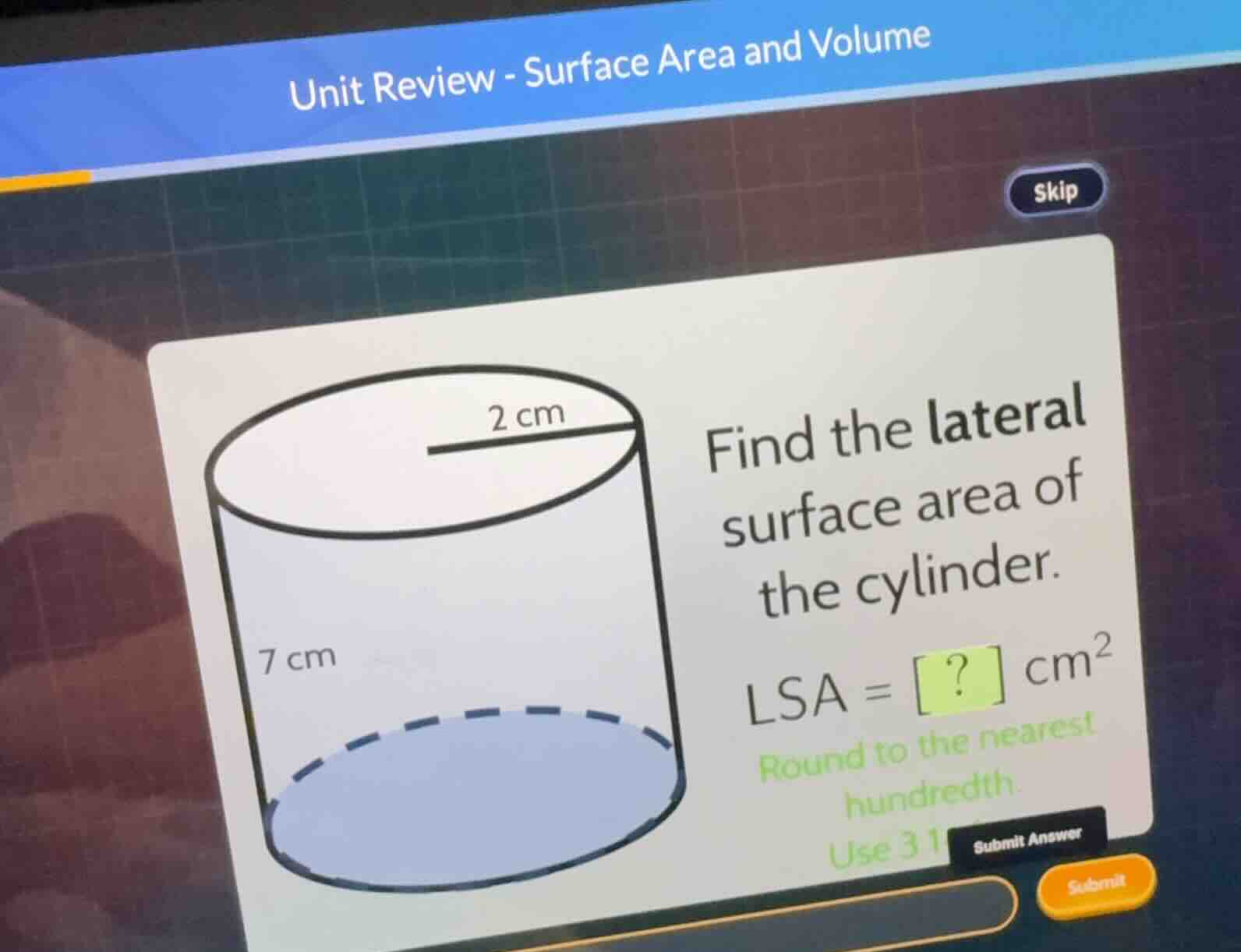find the lateral surface area of the cylinder. \\(\\text{lsa} = ?\\text…