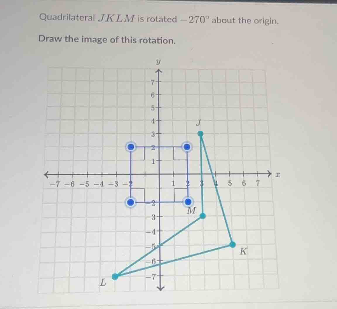 quadrilateral \\(jklm\\) is rotated \\(-270^\\circ\\) about the origin.…