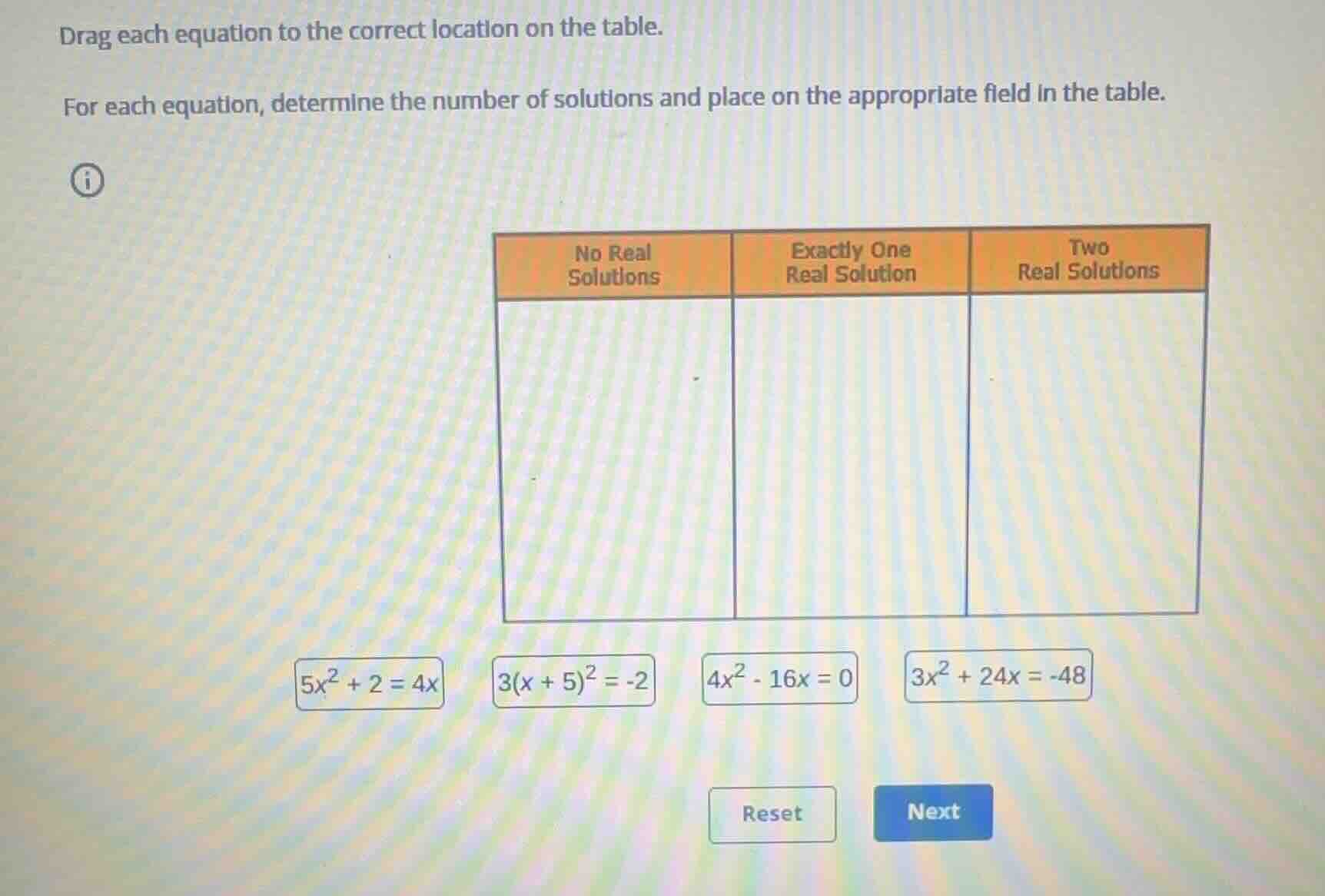 drag each equation to the correct location on the table. for each equat…
