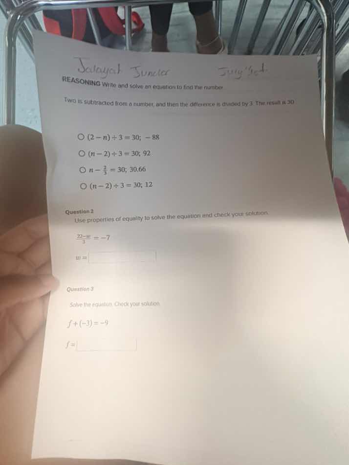 reasoning write and solve an equation to find the number. two is subtra…
