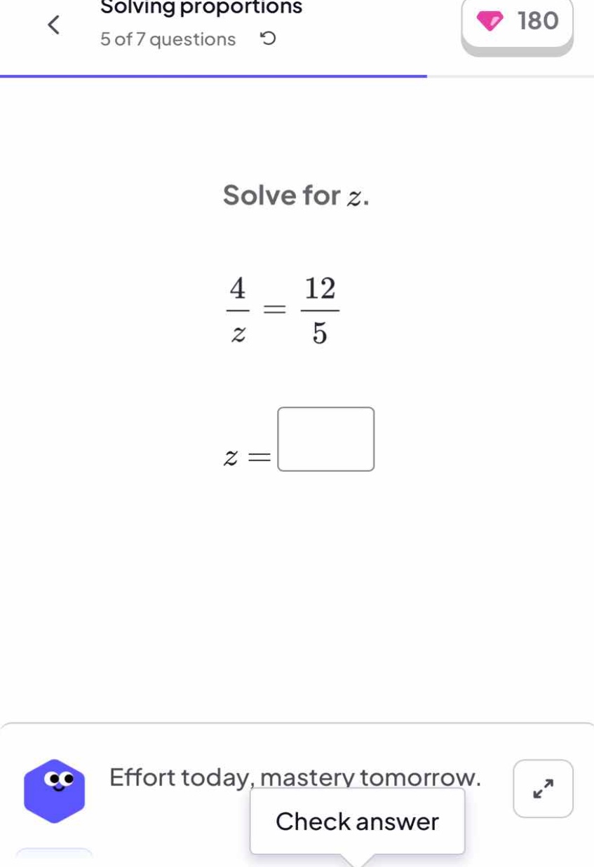 solve for \\(z\\). \\\\frac{4}{z} = \\frac{12}{5}\\ \\(z =\\)