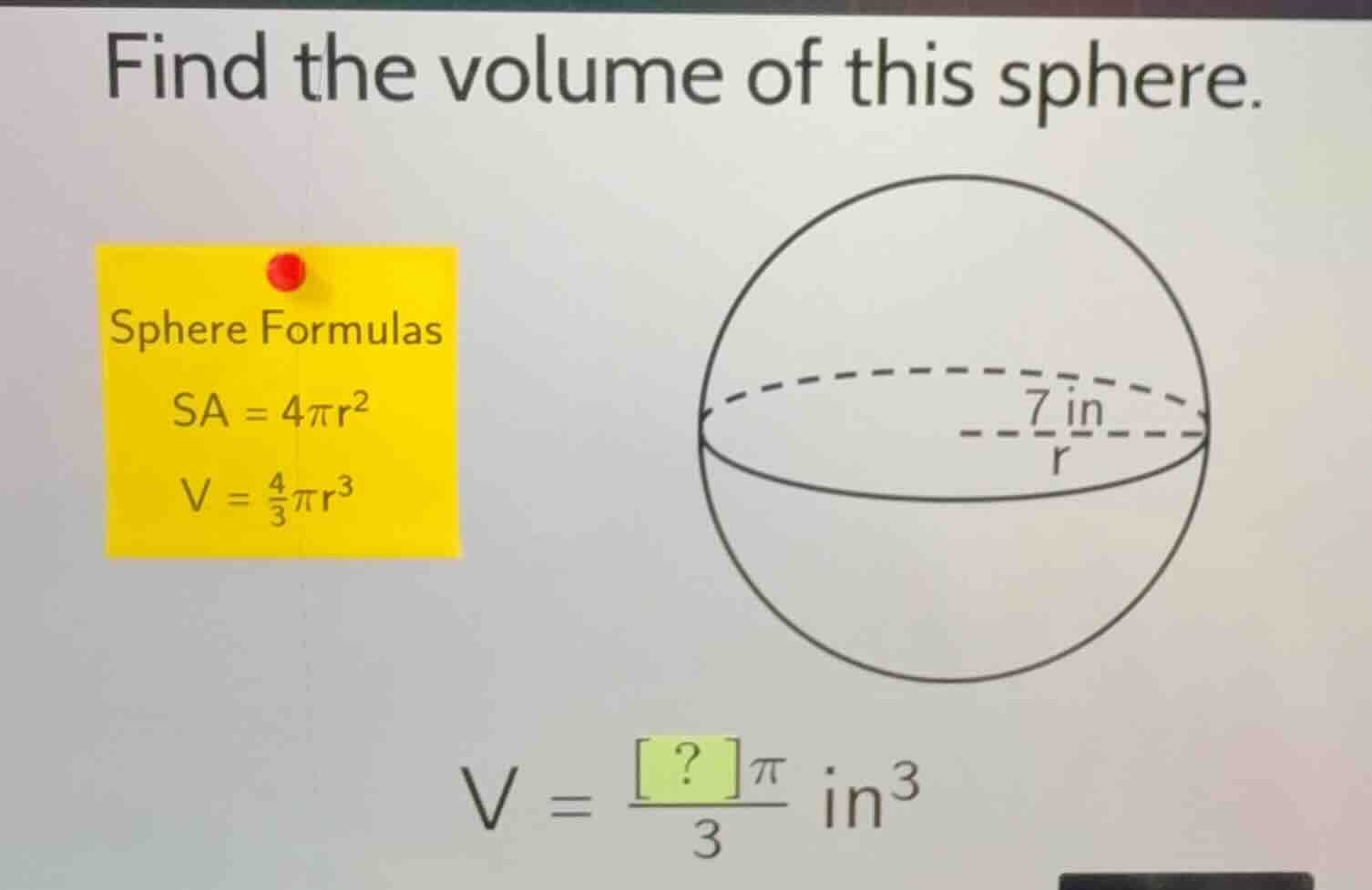 find the volume of this sphere. sphere formulas \\(sa = 4\\pi r^2\\) \\…